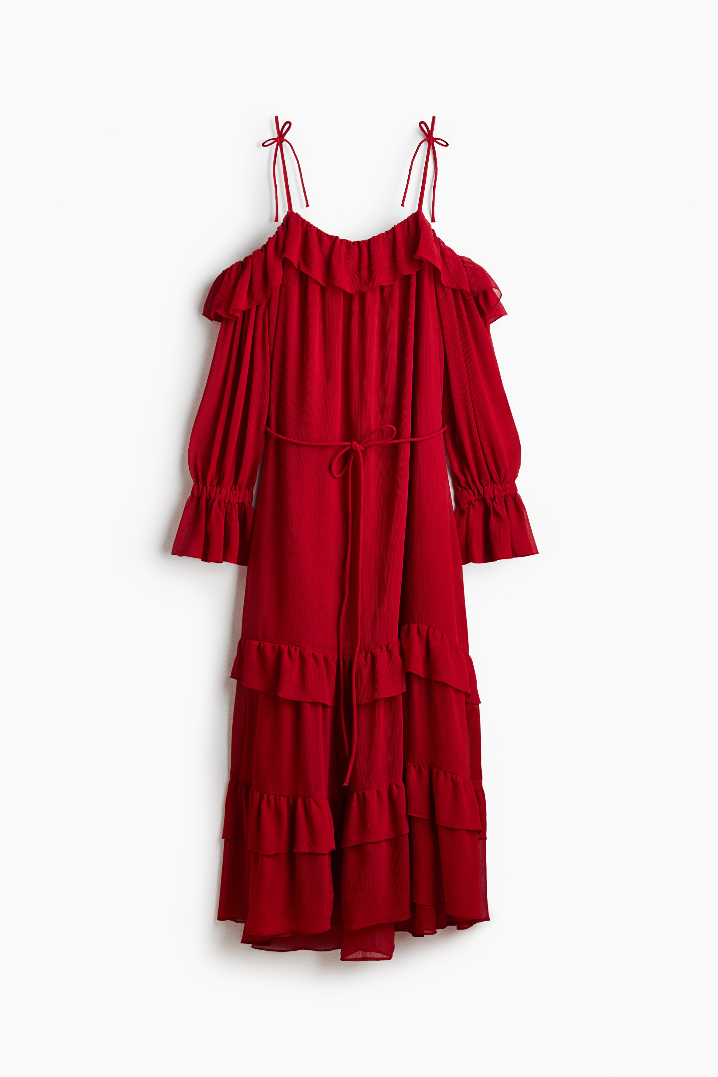 Frill-trimmed off-the-shoulder dress - Red