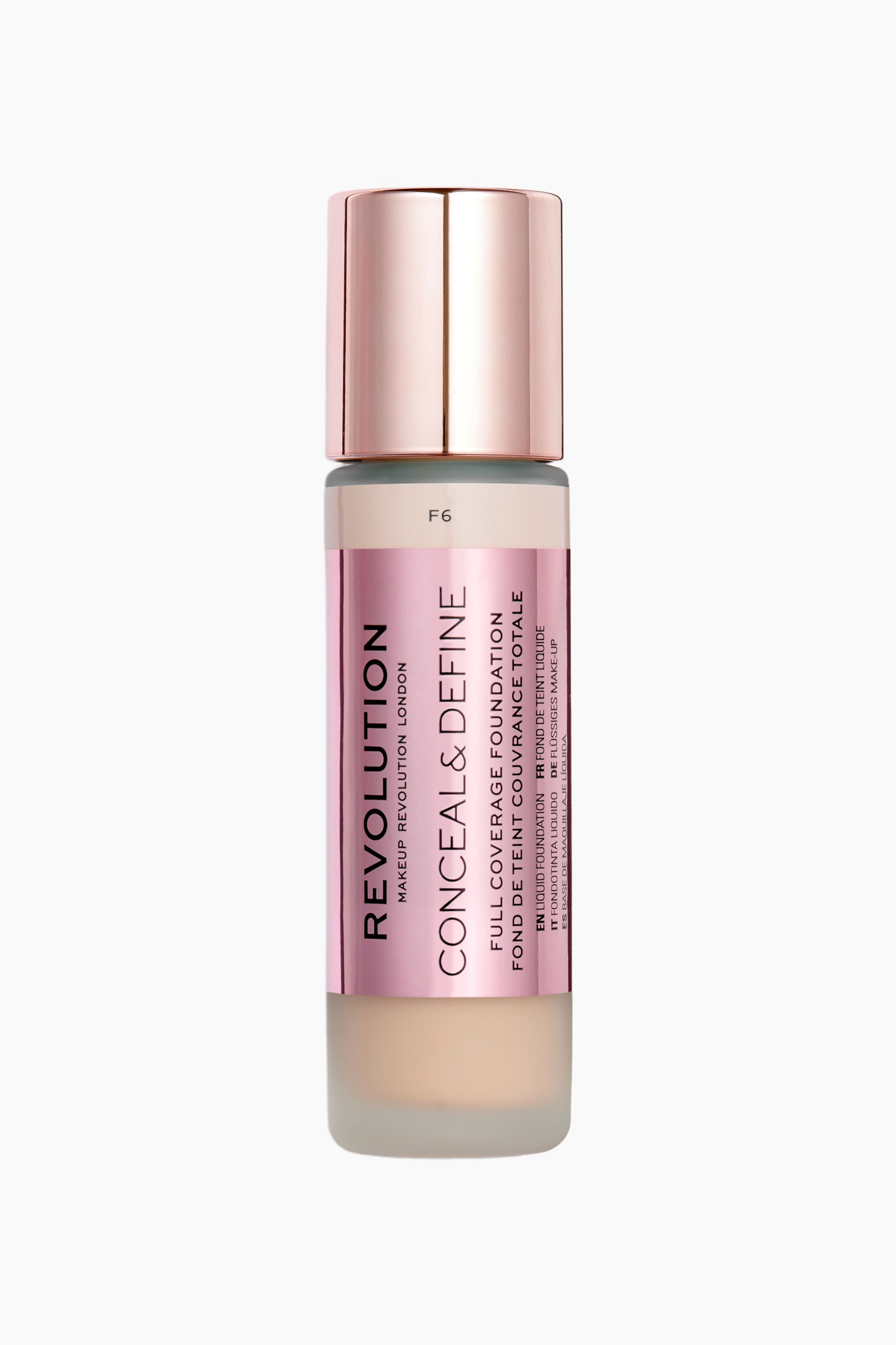 Visa större bild: Conceal & Define Foundation står upprätt i frontläge och visar upp en frostad glasflaska fylld med en ljusbeige vätska. Den har ett metalliskt roséguldfärgat lock och en matchande metallisk roséguldfärgad etikett med svart varumärkestext.