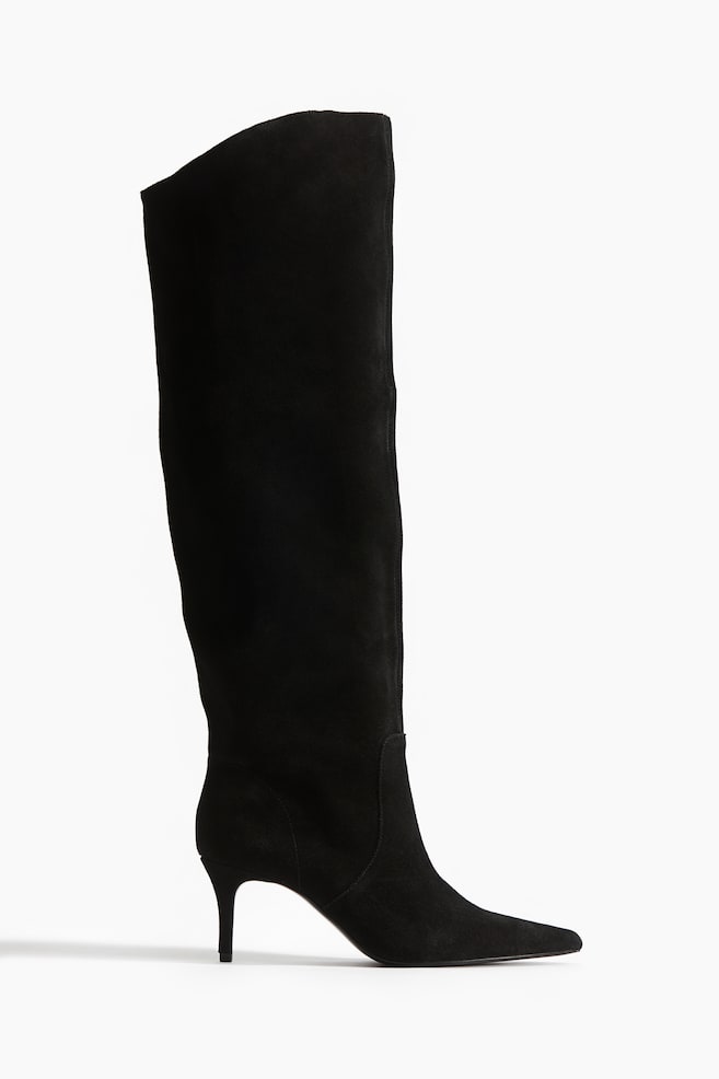 Bottes de hauteur genou en cuir velours - Noir - 1