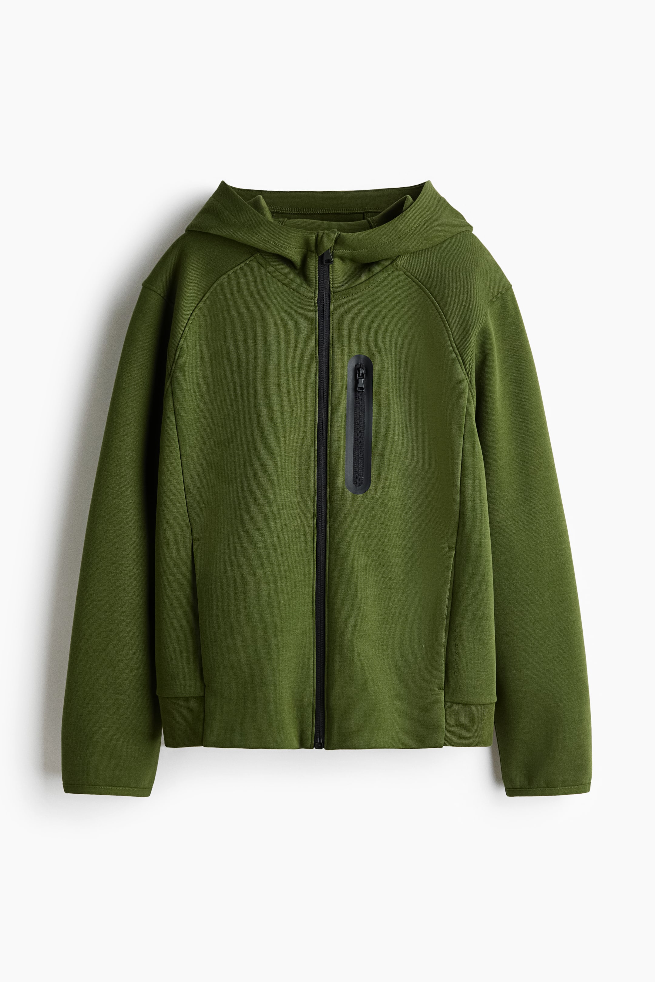 View larger image: An olive green full-zip hoodie is showcased from the front, featuring an attached hood, raglan sleeves, a black full-zip closure, and a vertical zippered chest pocket on the left side.
