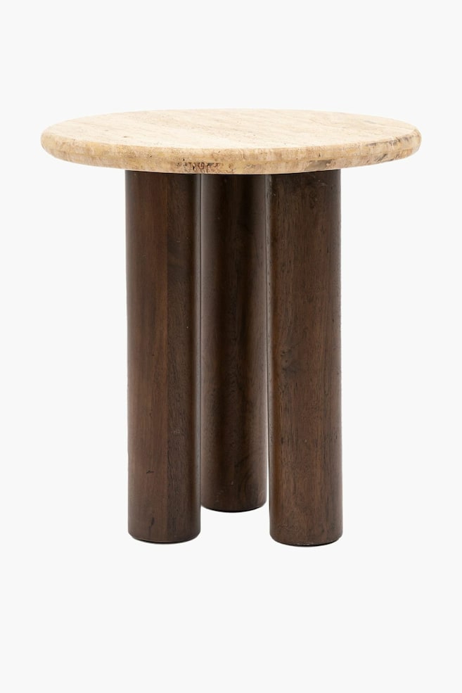 Travertine Top Side Table - Dark Wood - 1