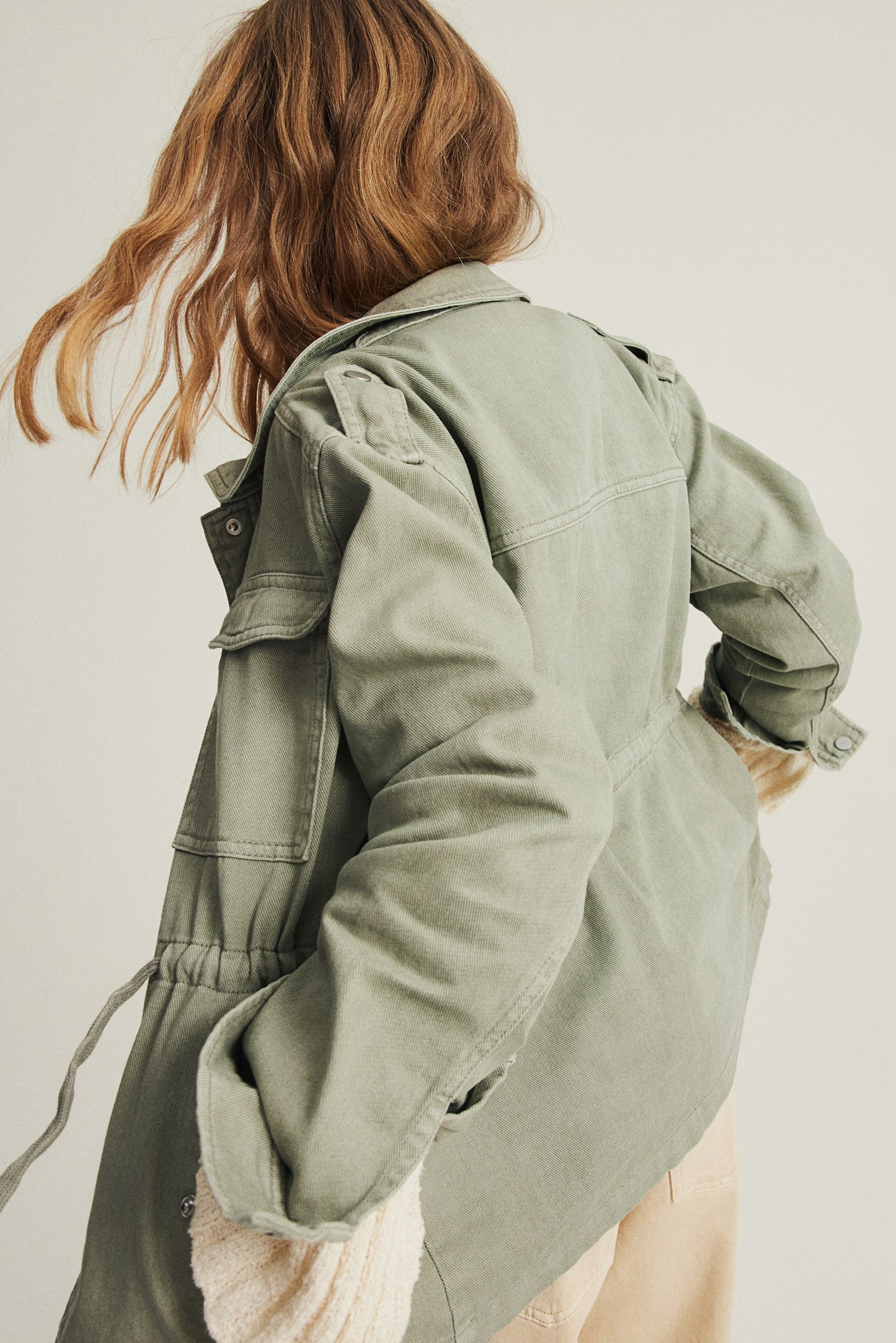 Drawstring Waist Shirt Jacket - Light khaki green - 3