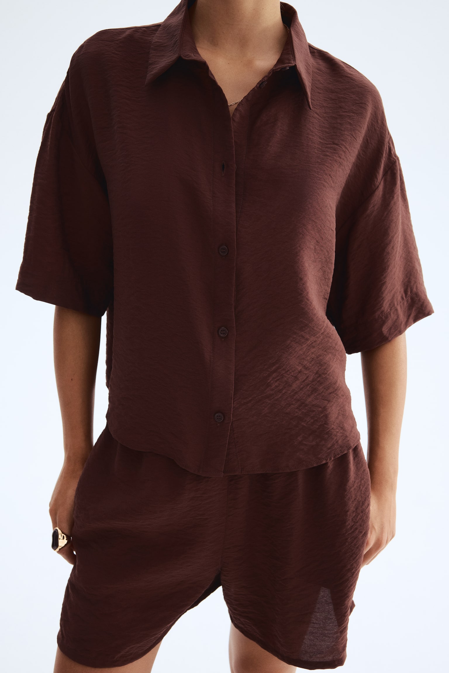 Bol Kesimli Gömlek - Paslı kahverengi/Koyu mavi/Şal desenli - 4