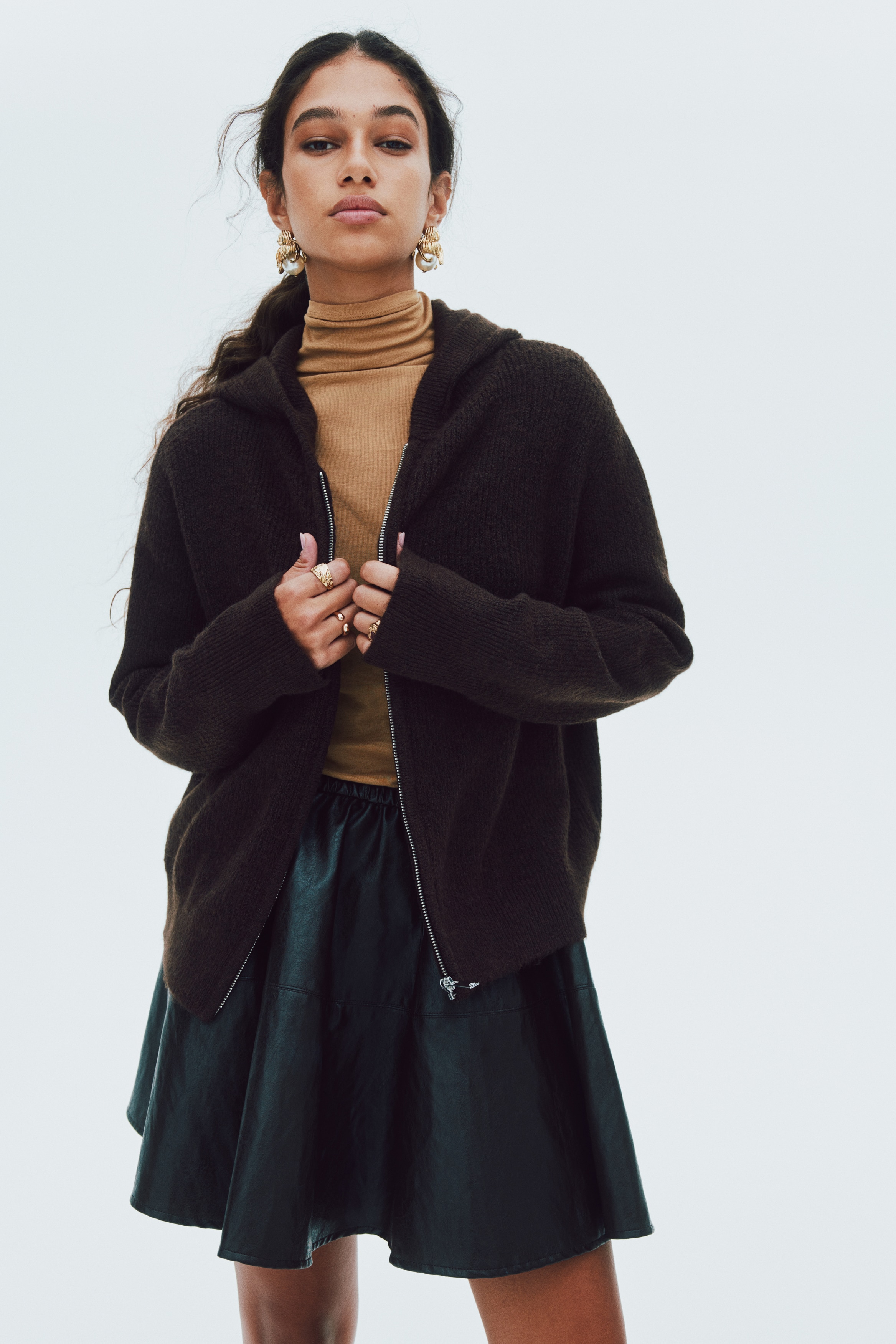 H & M - フルジップフーデッドカーディガン - ブラウン