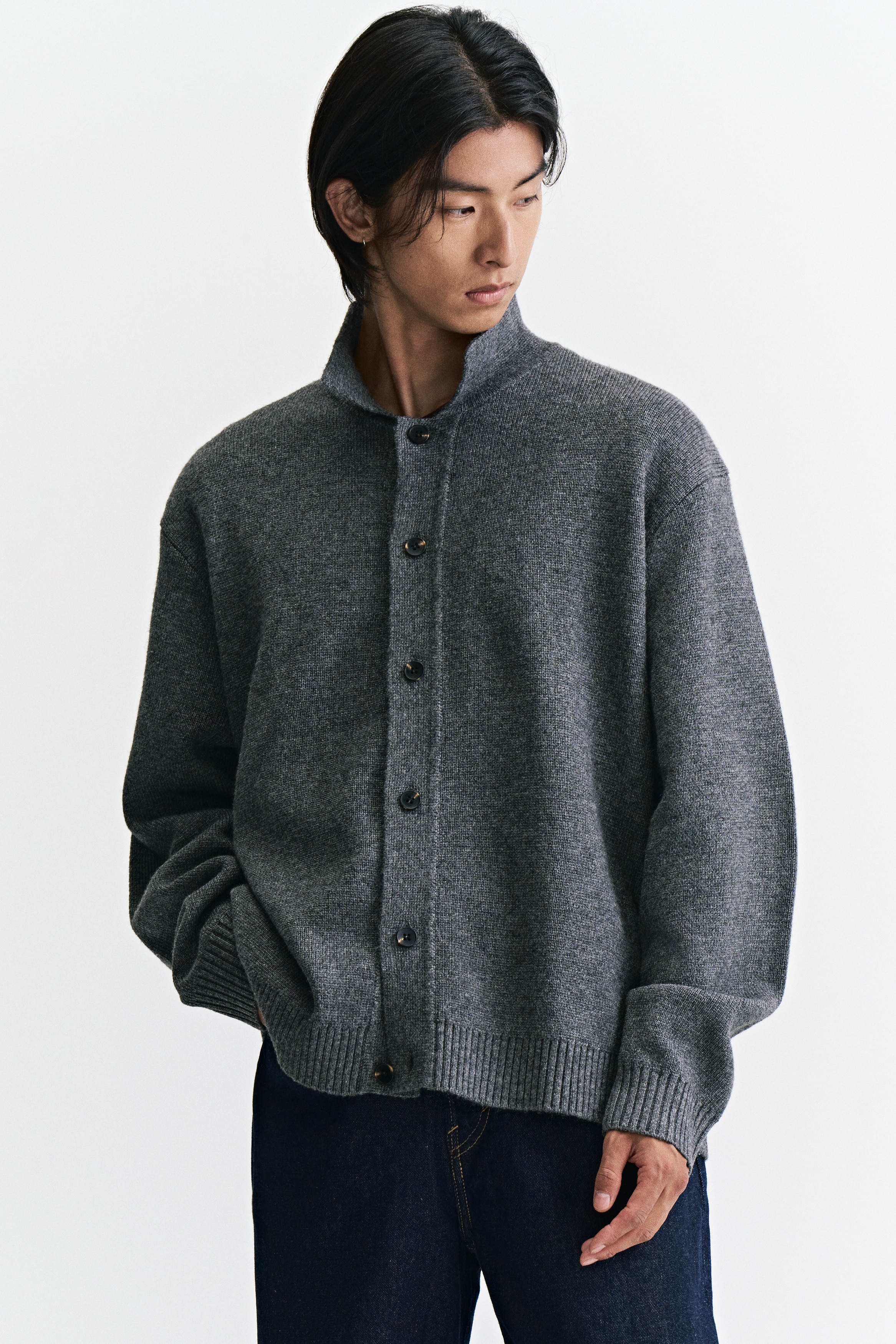 韓国ブランド　POTTERY ダークグレー カーディガン ルーズフィット 襟付きカーディガン - ダークグレー - Men | H&M JP