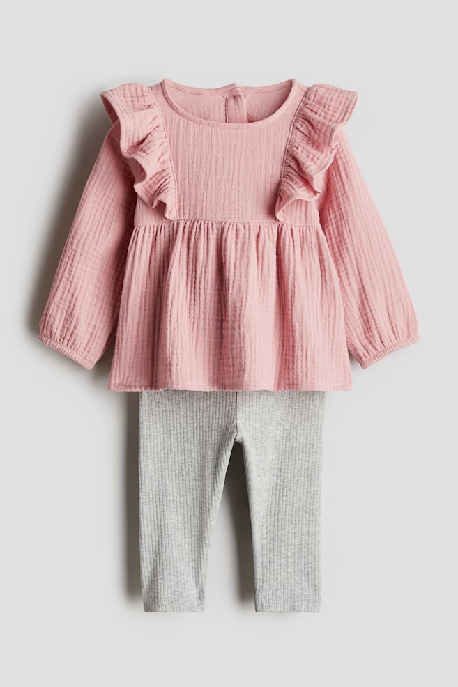 2-piece Blouse and Leggings Set - Pink/light gray - 1