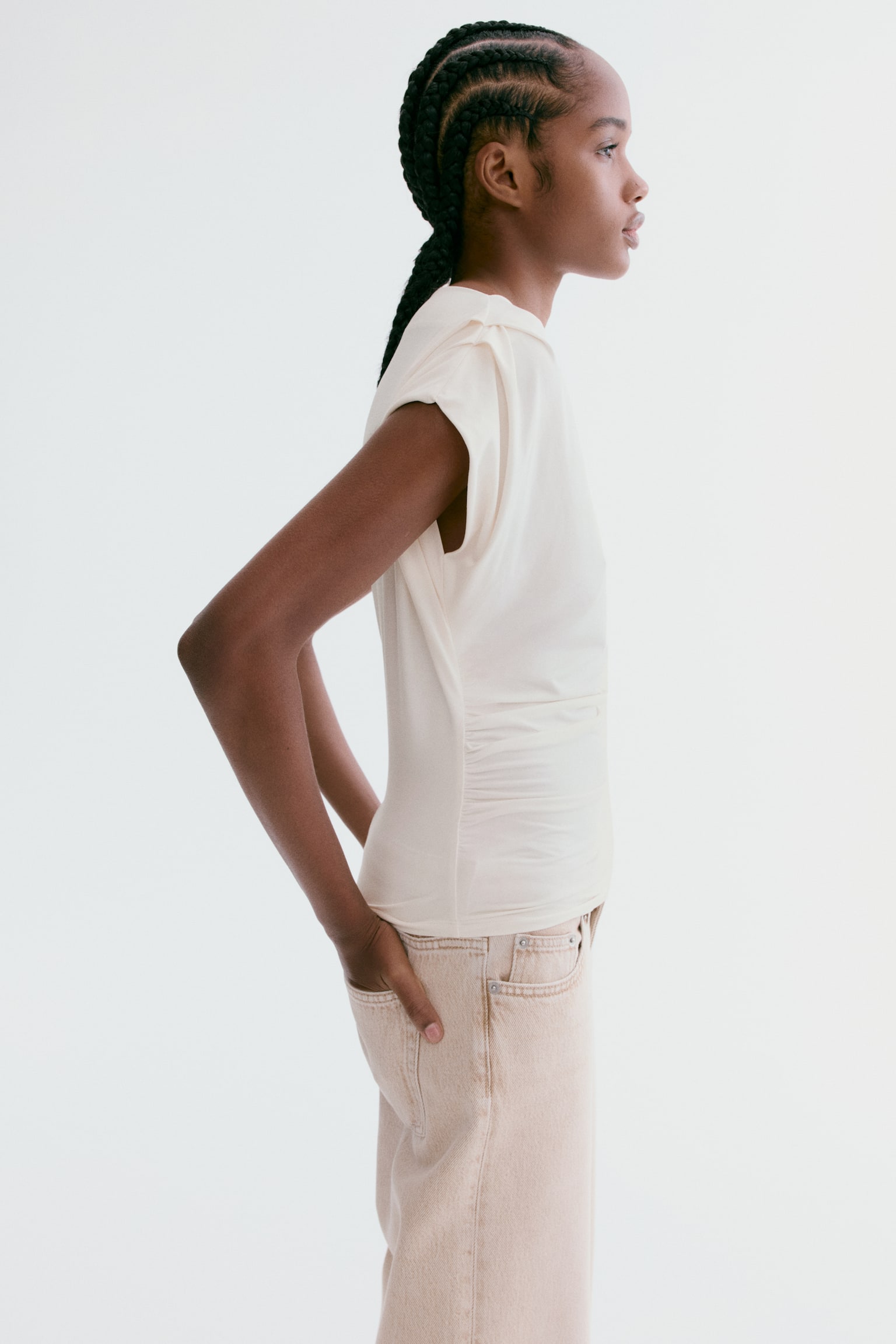 Draped boat-neck top - Cream/Beige/Dark pigeon blue/Dark brown - 3