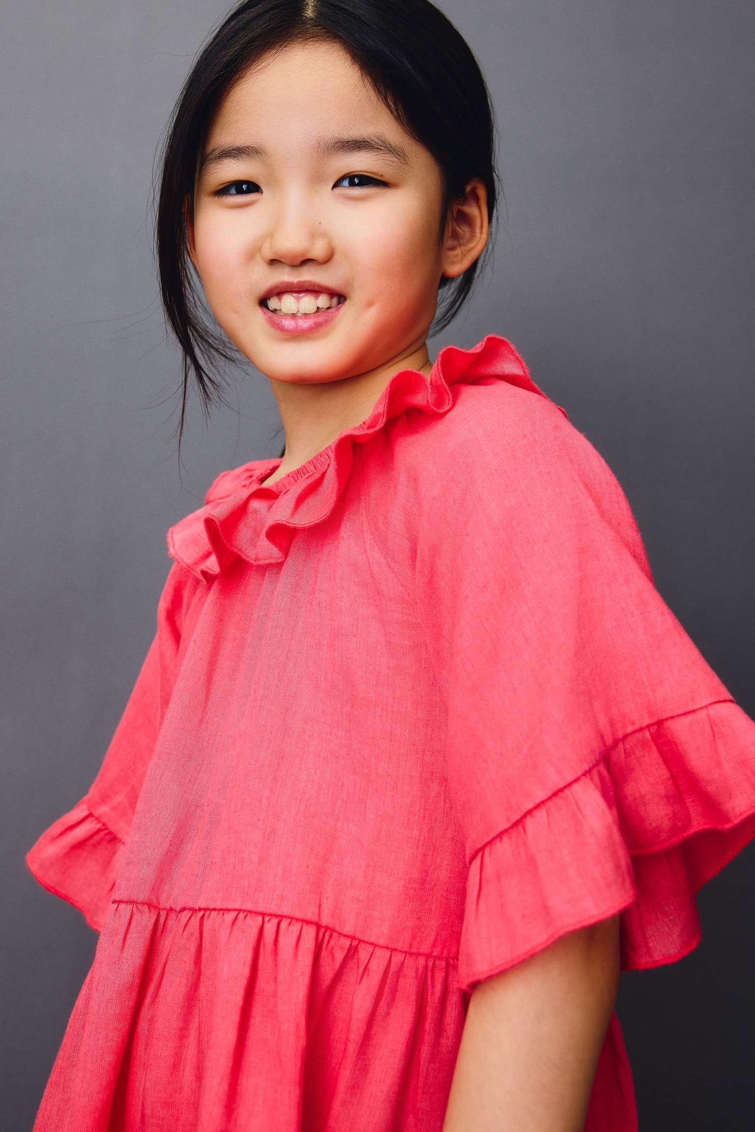 Linen Dress with Ruffle Collar - Coral red/Light beige - 4