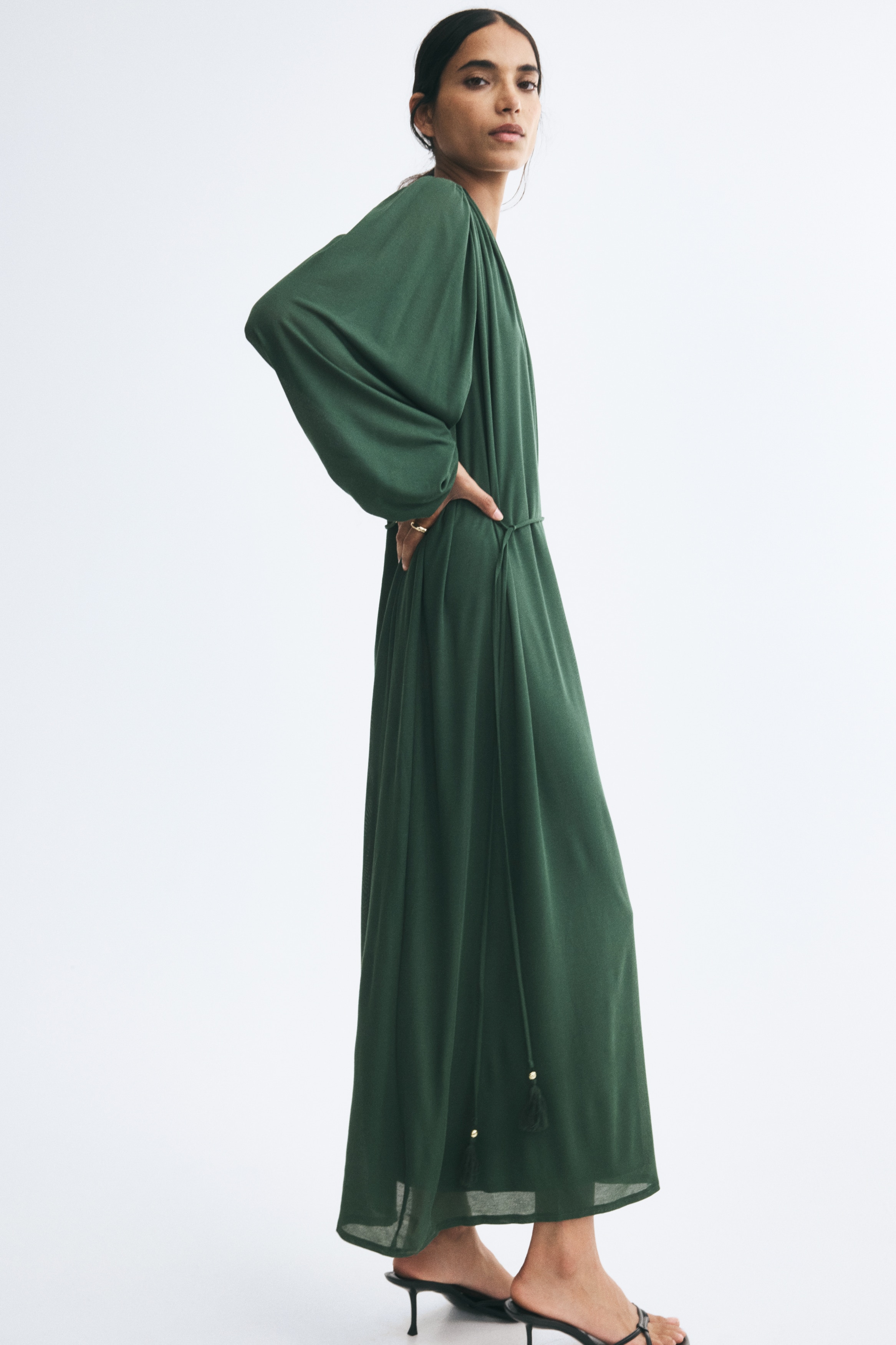 Balloon-sleeved tie-belt dress - Dark green