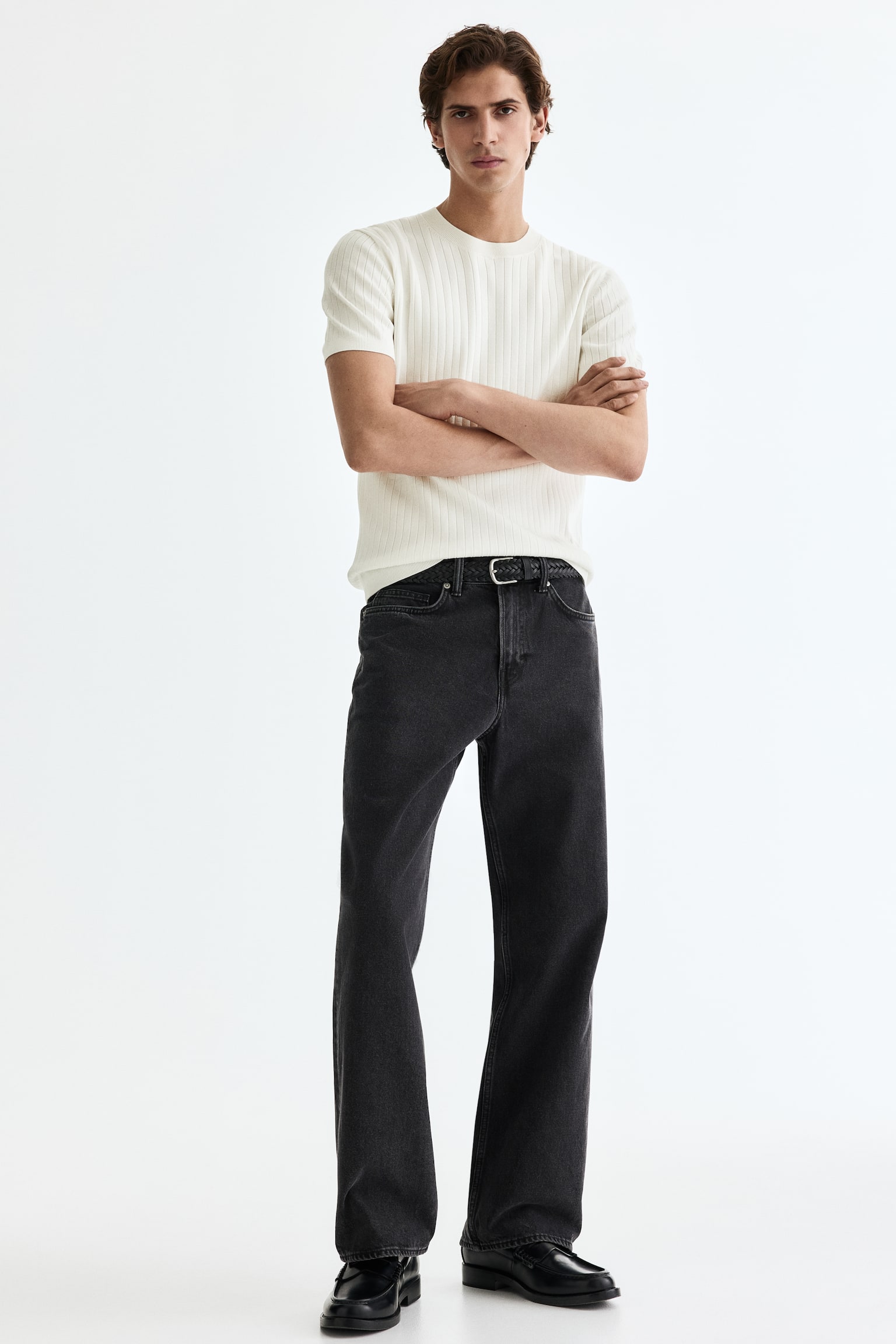 Slim Fit Knitted T-shirt - Cream/Black - 5