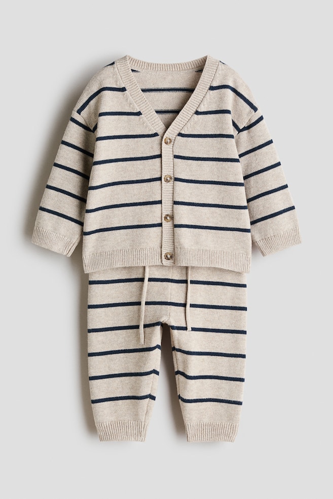 Set 2 pezzi in maglia fine di cotone - Beige/blu righe/Verde/righe - 1