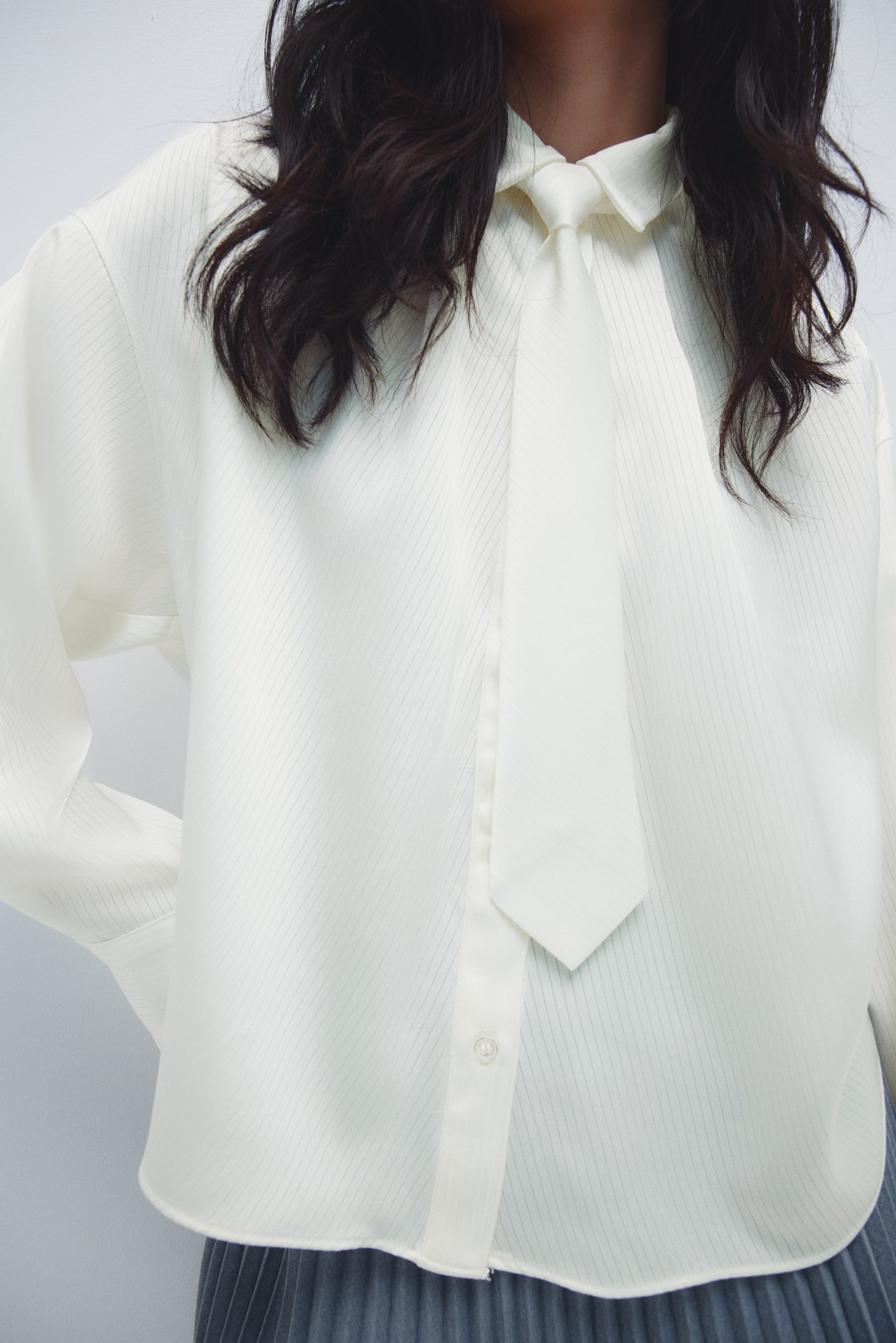 Tie-detail shirt - 화이트/블루/스트라이프 - 4