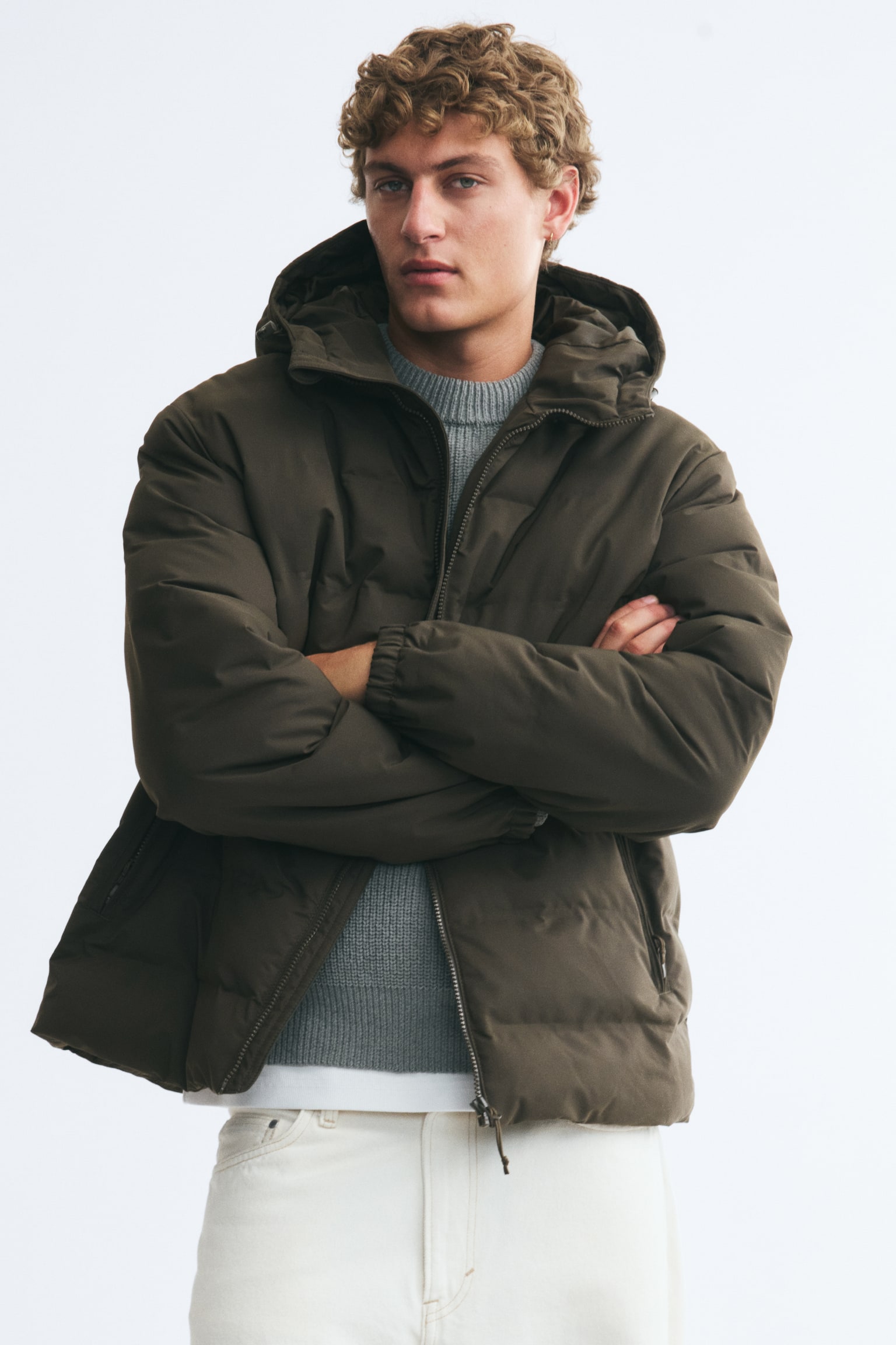 Padded windproof & water-repellent jacket - Dark khaki green/Black - 1