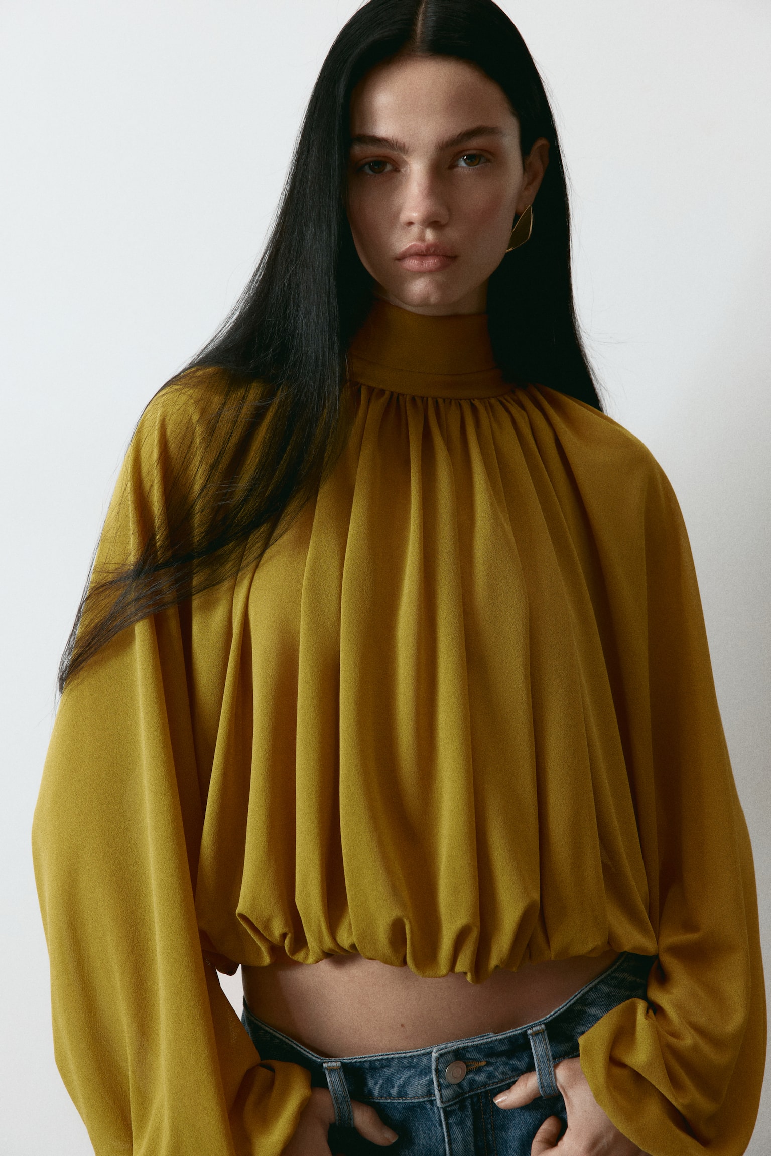 Tie-neck blouse - Mustard yellow - 4