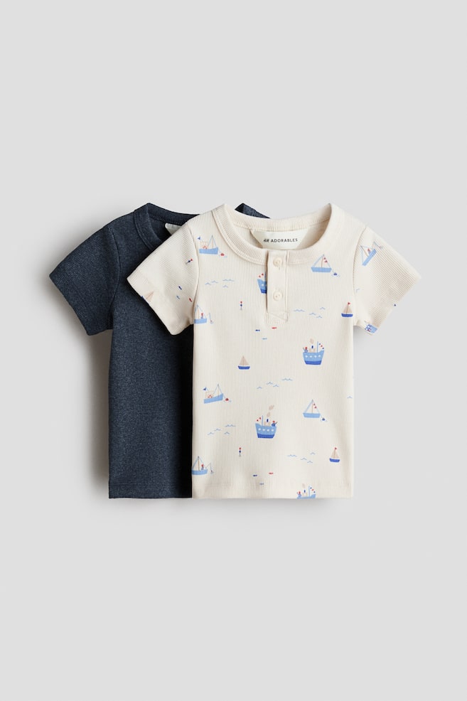 2-pack Cotton Henley Shirts - Navy blue/boats/Light blue/whales/Khaki green/gray melange/Light blue/striped - 1