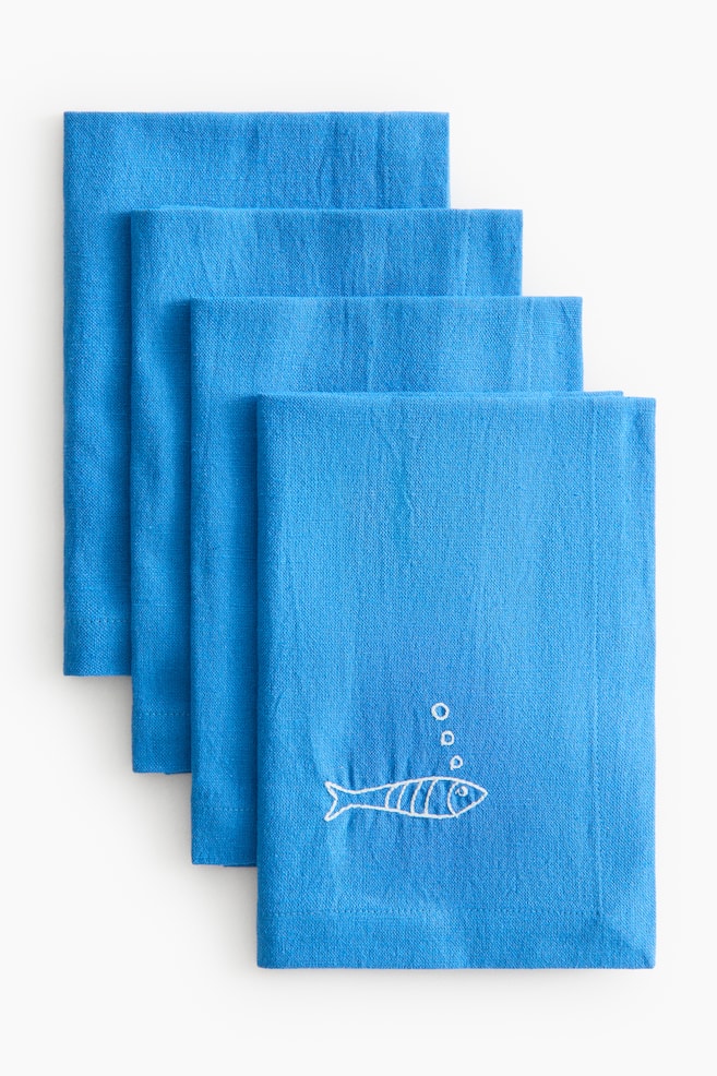 4-Pack Embroidered-Detail Linen-blend Napkins - Blue/fish/Orange/crab - 3