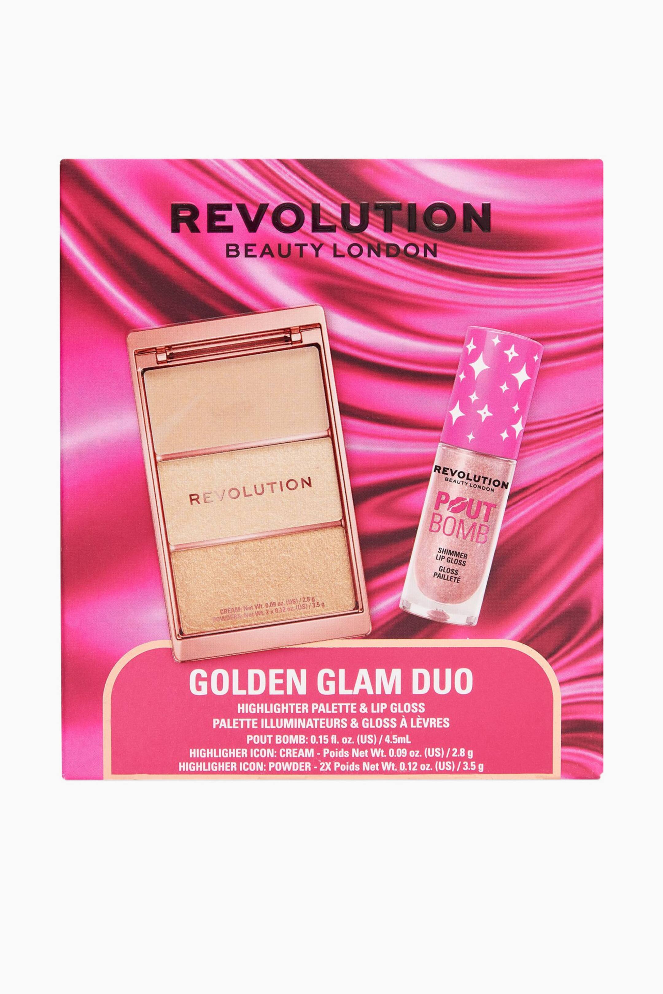 Visa större bild: Revolution Golden Glam Duo-presentsetet visar en highlighterpalett i roséguldsnyans och ett skimrande nude-läppglans på sin rosa förpackning. Den öppna paletten visar tre rektangulära highlighternyanser från ljus beige till varmt guld, medan läppglanset har en genomskinlig tub med ett rosa lock med stjärnmönster.