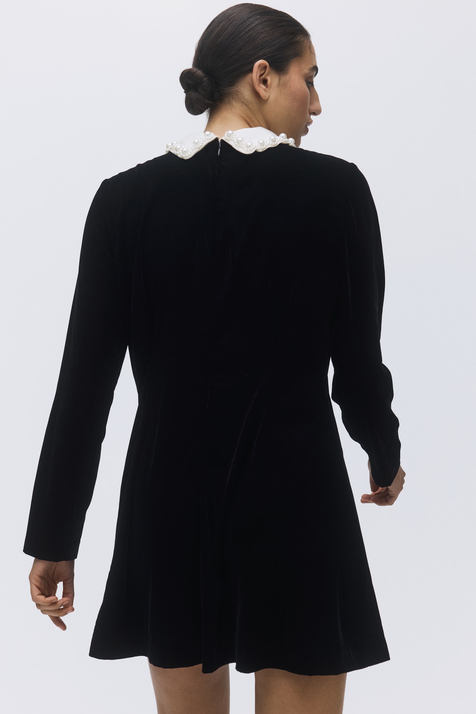 Collared velvet dress - Black/White - 5