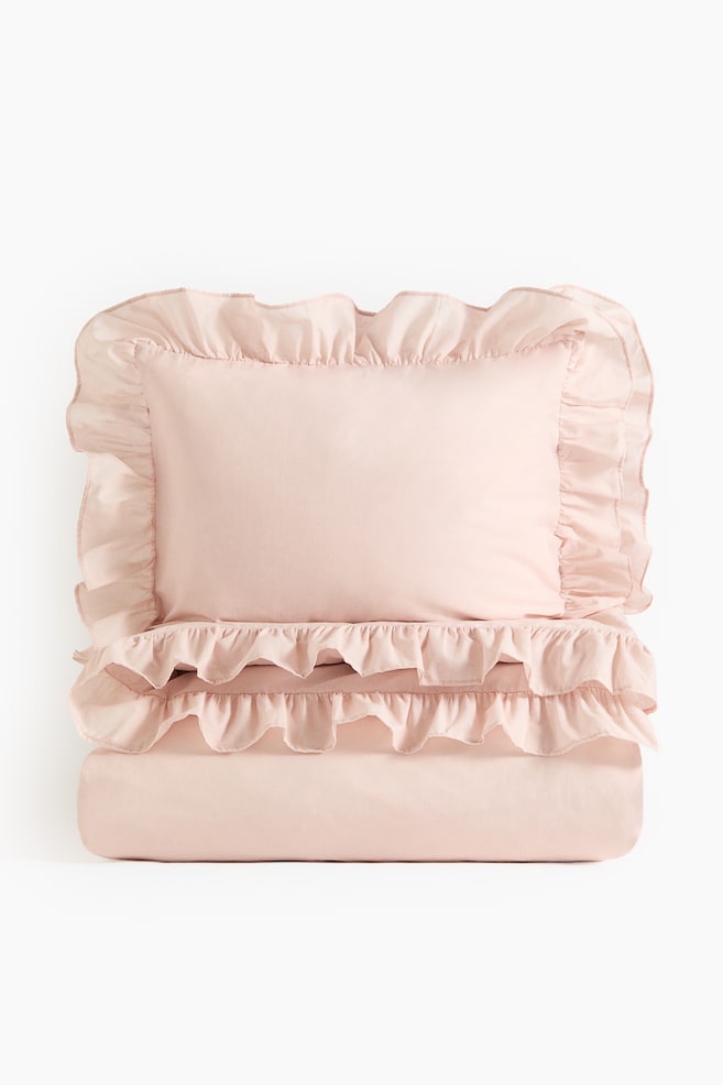 Parure de couette volantée lit double King size - Rose poudré/Blanc - 1