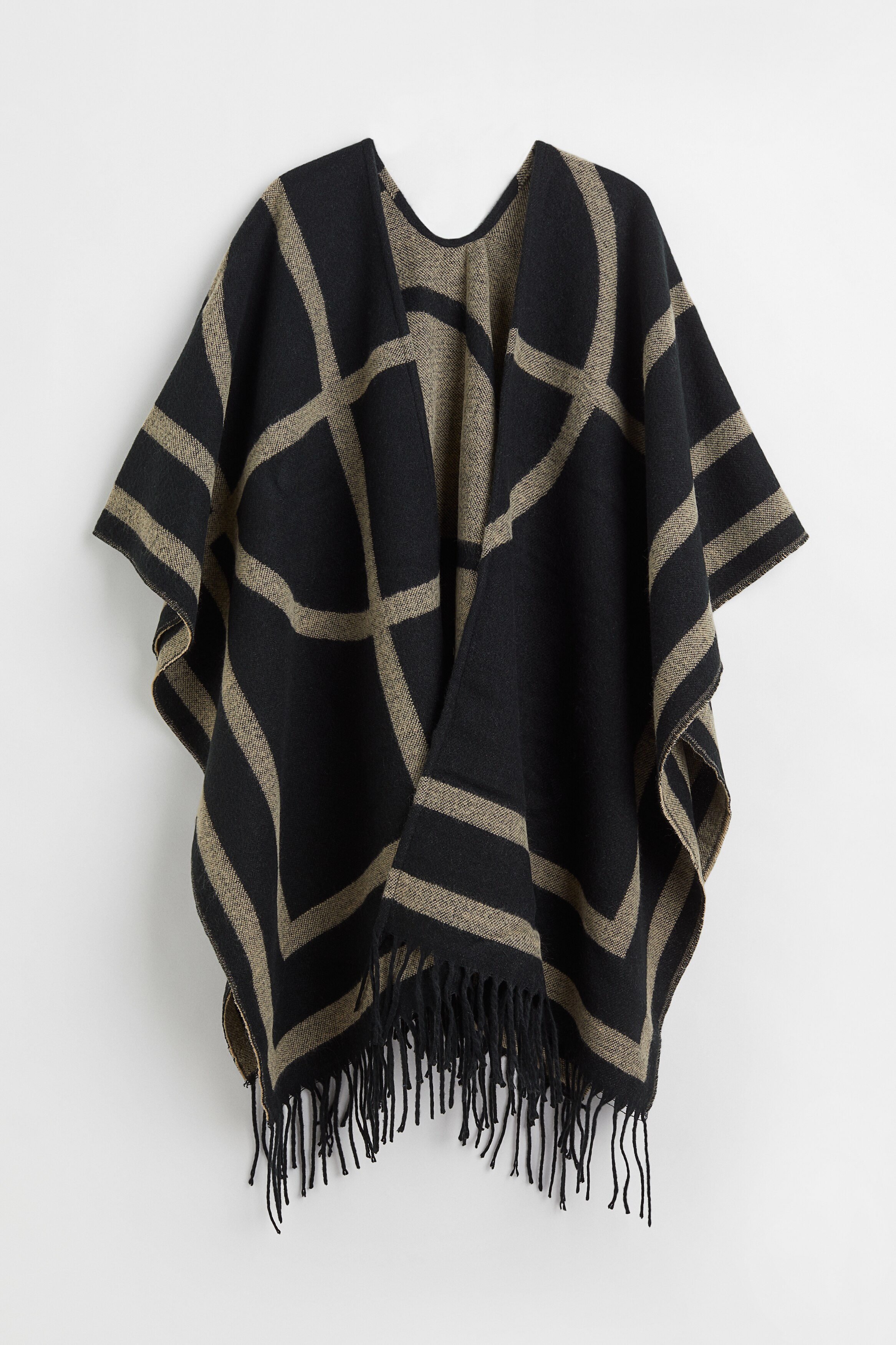 Women's Dark beige/houndstooth-pattern Fringe-trimmed Poncho