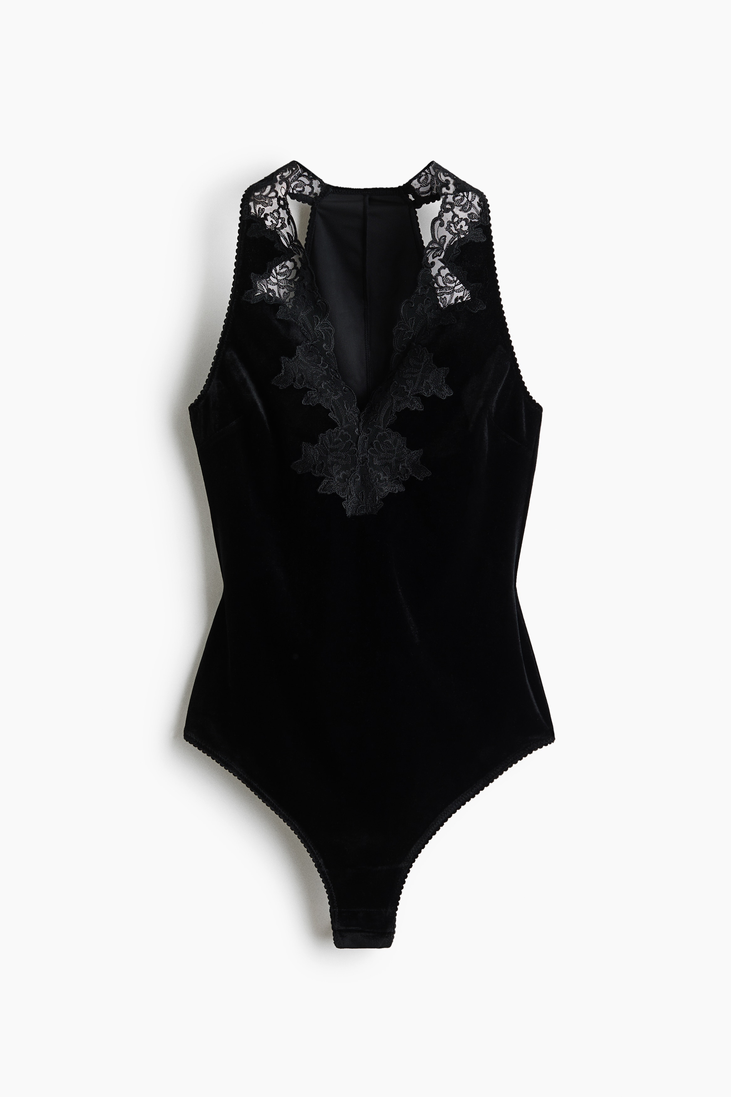 Fluwelen stringbody met borduursel - Zwart