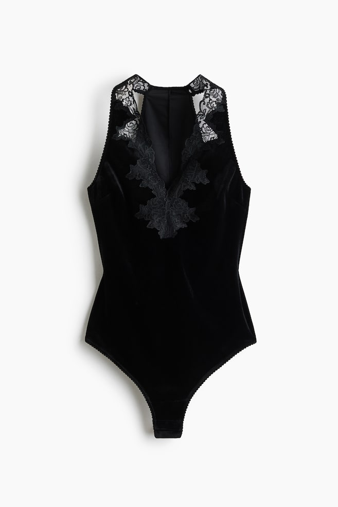 Body string en velours brodé - Noir - 1