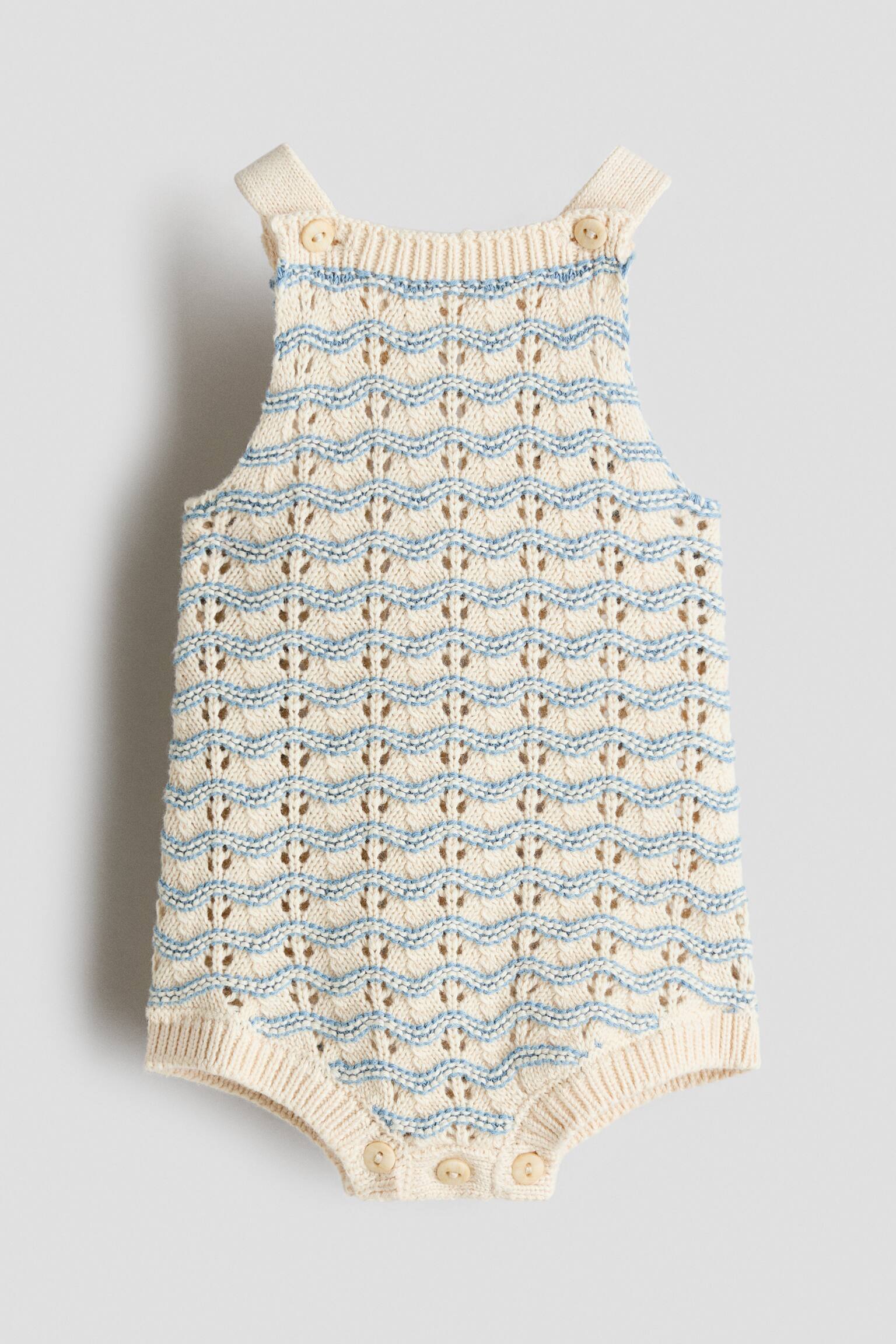 Pointelle-knit romper suit - Light beige/Striped - 1