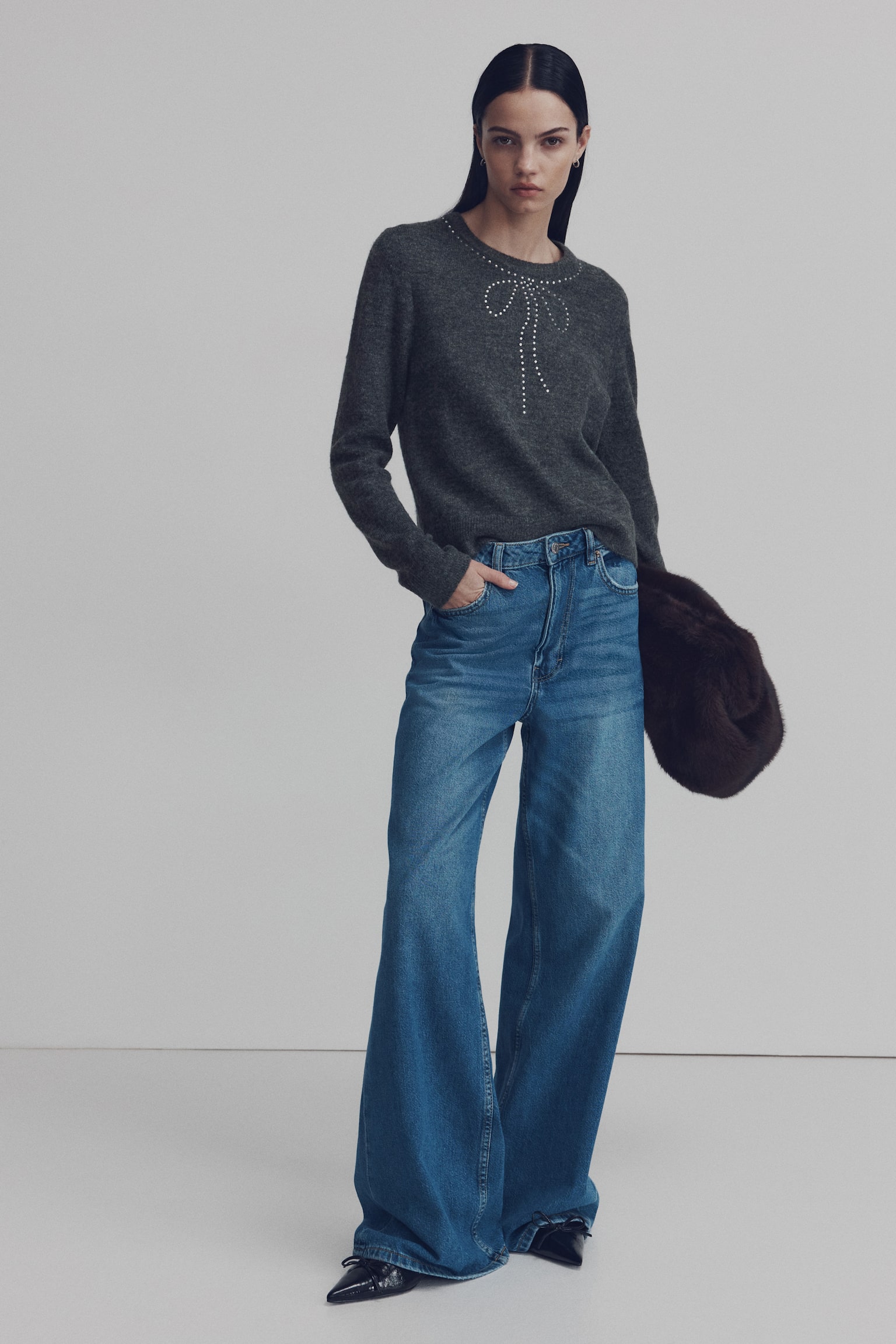 Embellished jumper - Dark grey/Bow/Dark brown - 3