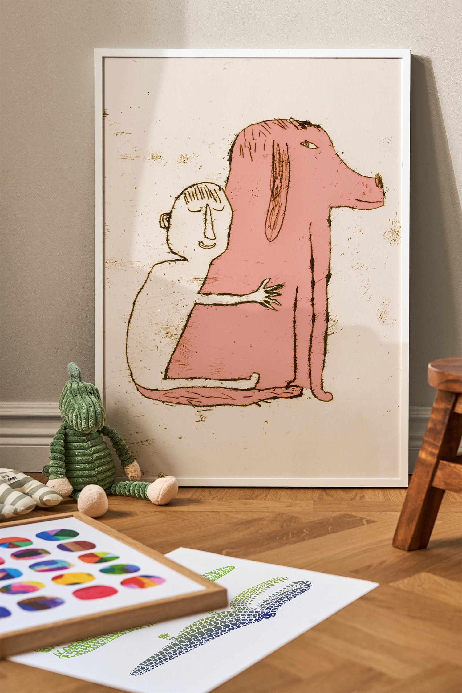 Dog And Cuddle Poster - Rosa/beige