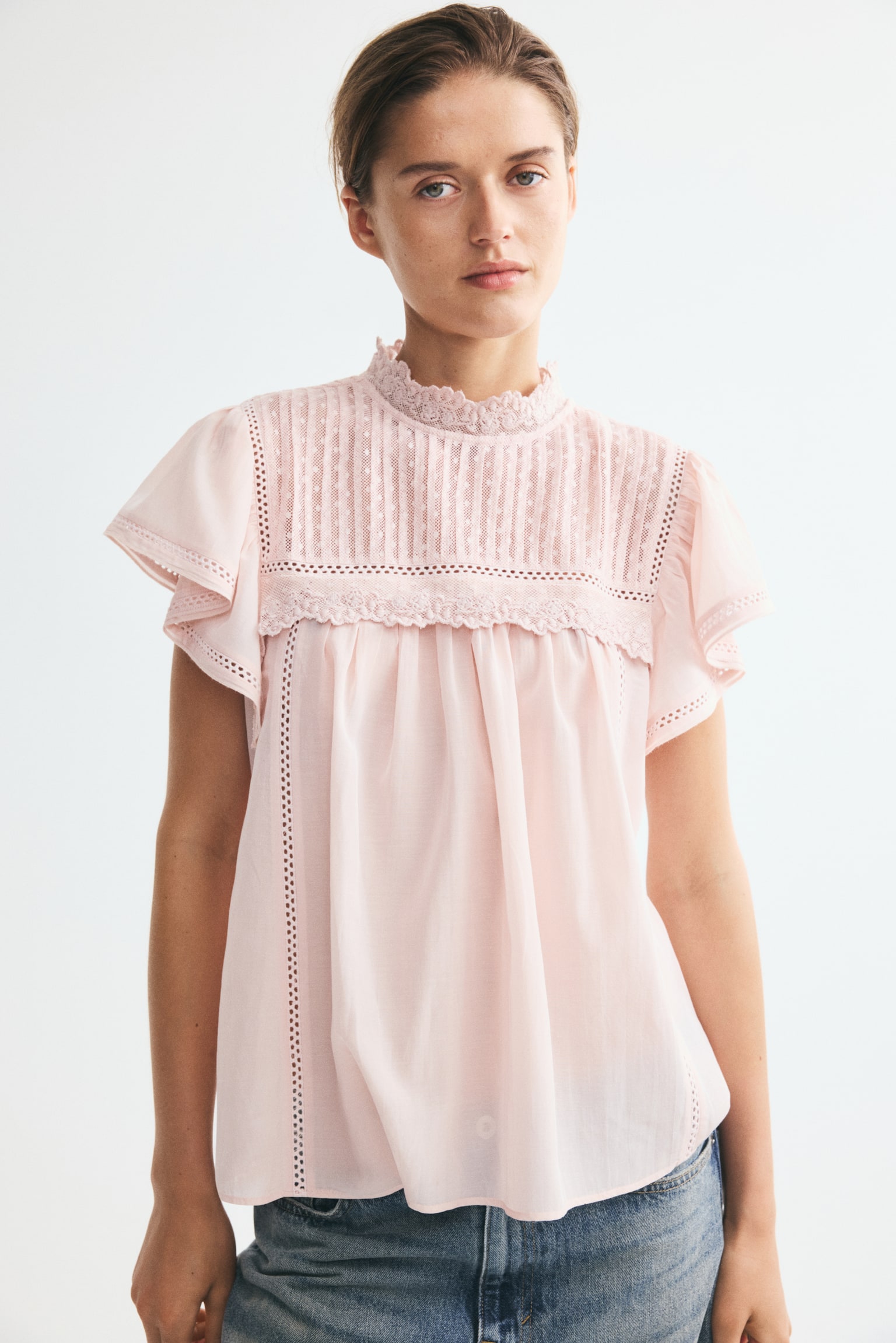 Lace-trimmed flutter-sleeved blouse - Light pink/White - 1