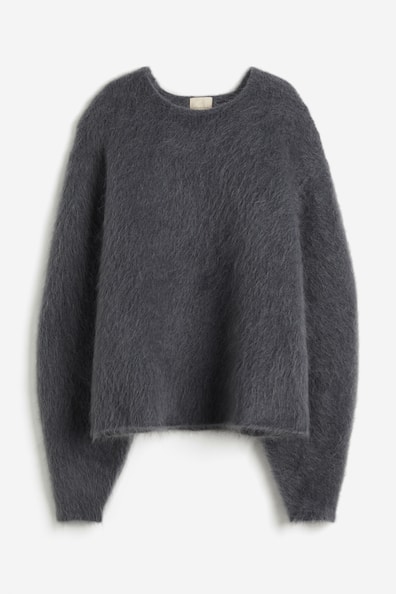 Mohair-blend jumper - Round neck - Extra long sleeve - Dark grey ...