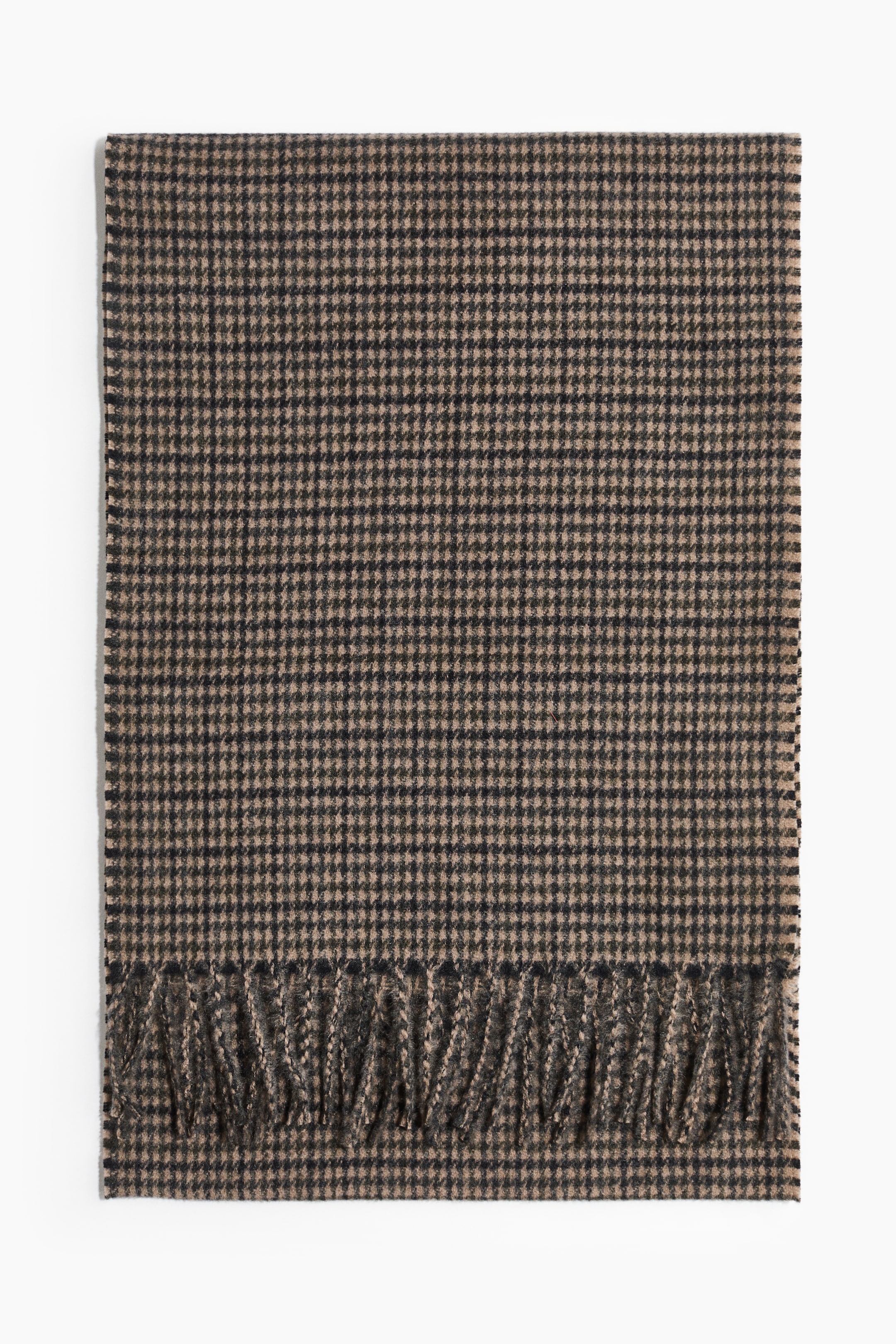 View larger image: A beige and dark brown mini-check patterned scarf is laid flat. It showcases a woven texture and a fringed end.