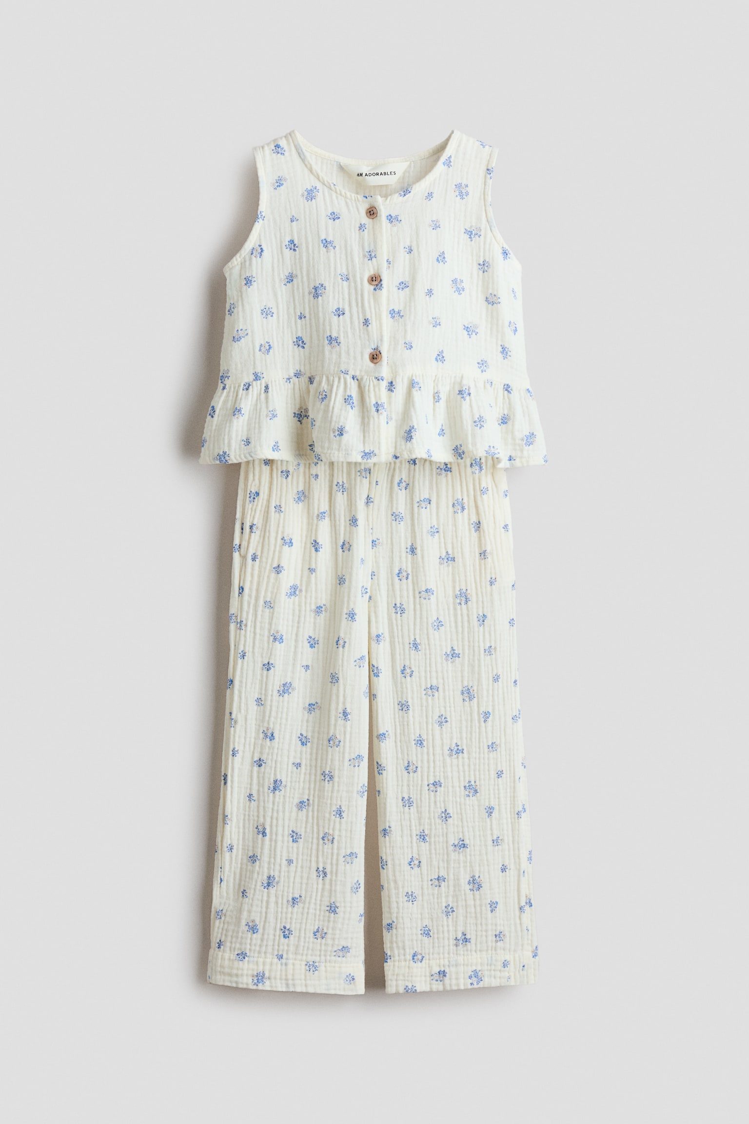 2-delat set i bomullsmuslin - Crèmevit/Blommig/Ljusbeige/Vitrandig - 1