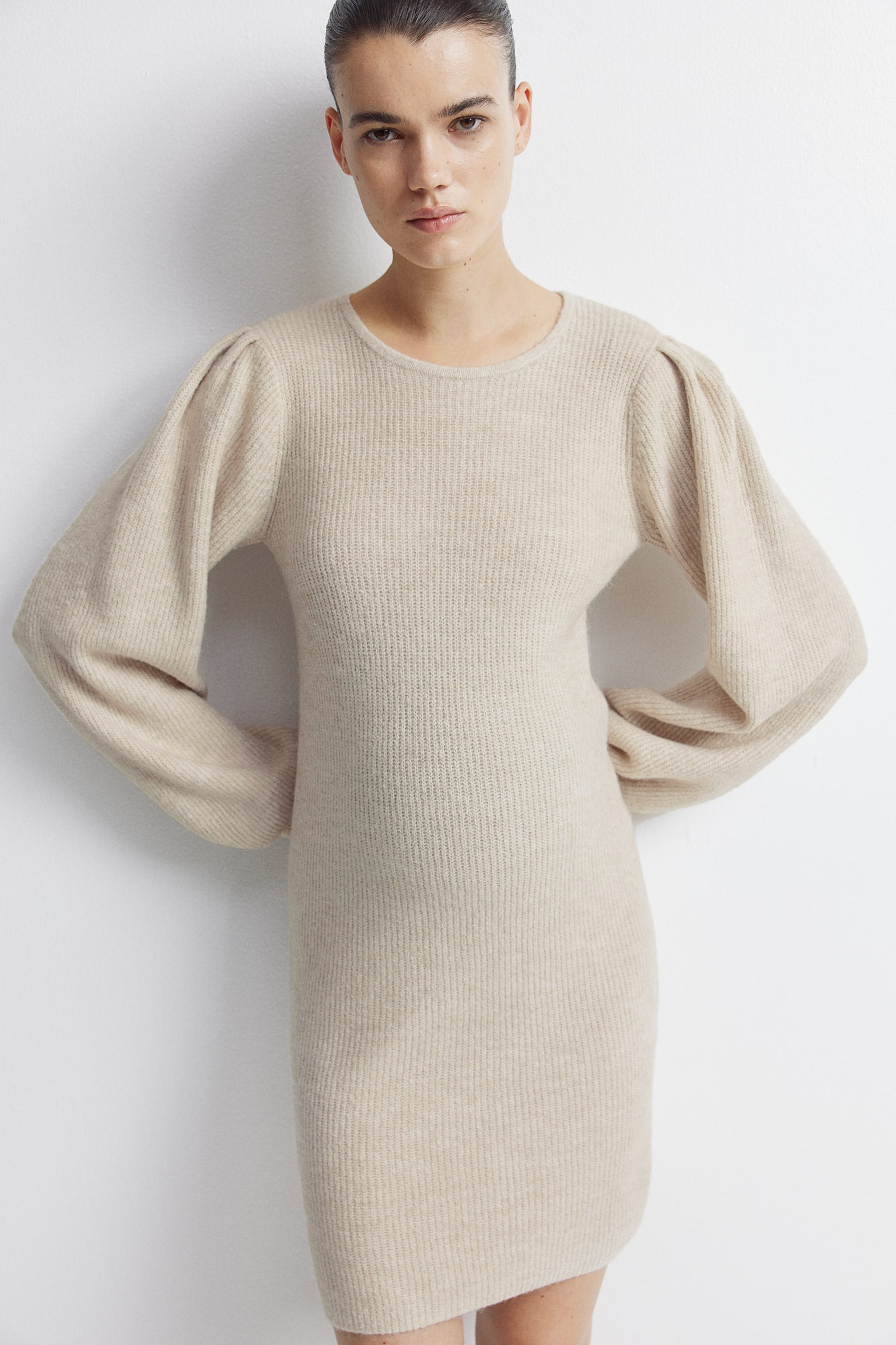 MAMA Balloon-sleeved rib-knit dress - Light beige marl/Light pink - 1