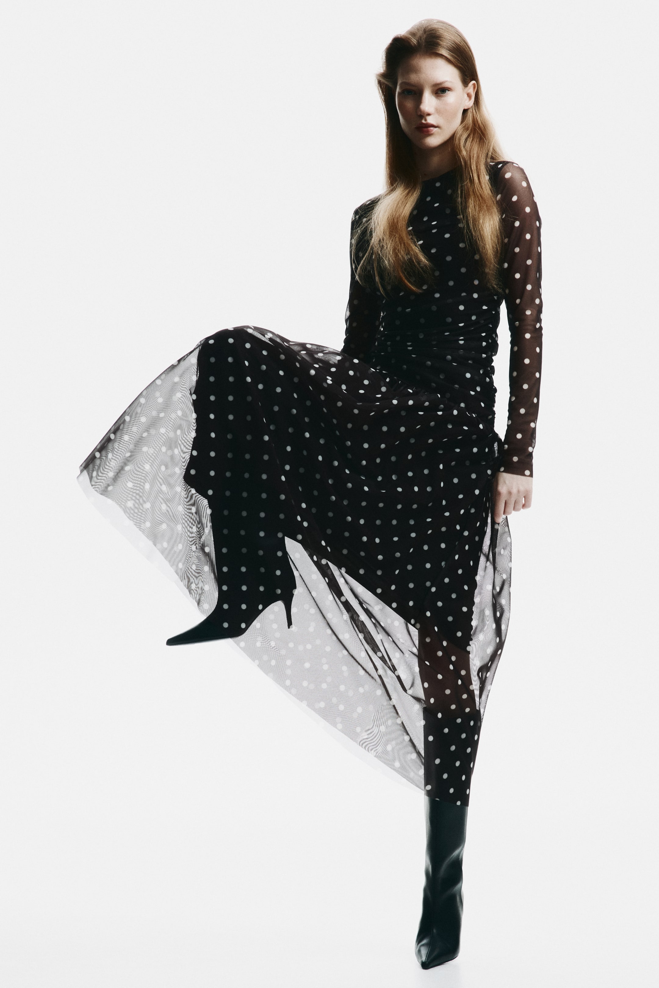 Grotere afbeelding bekijken: Gedrapeerde jurk van mesh - Donkerbruin/polkadot - DAMES | H&M NL 4