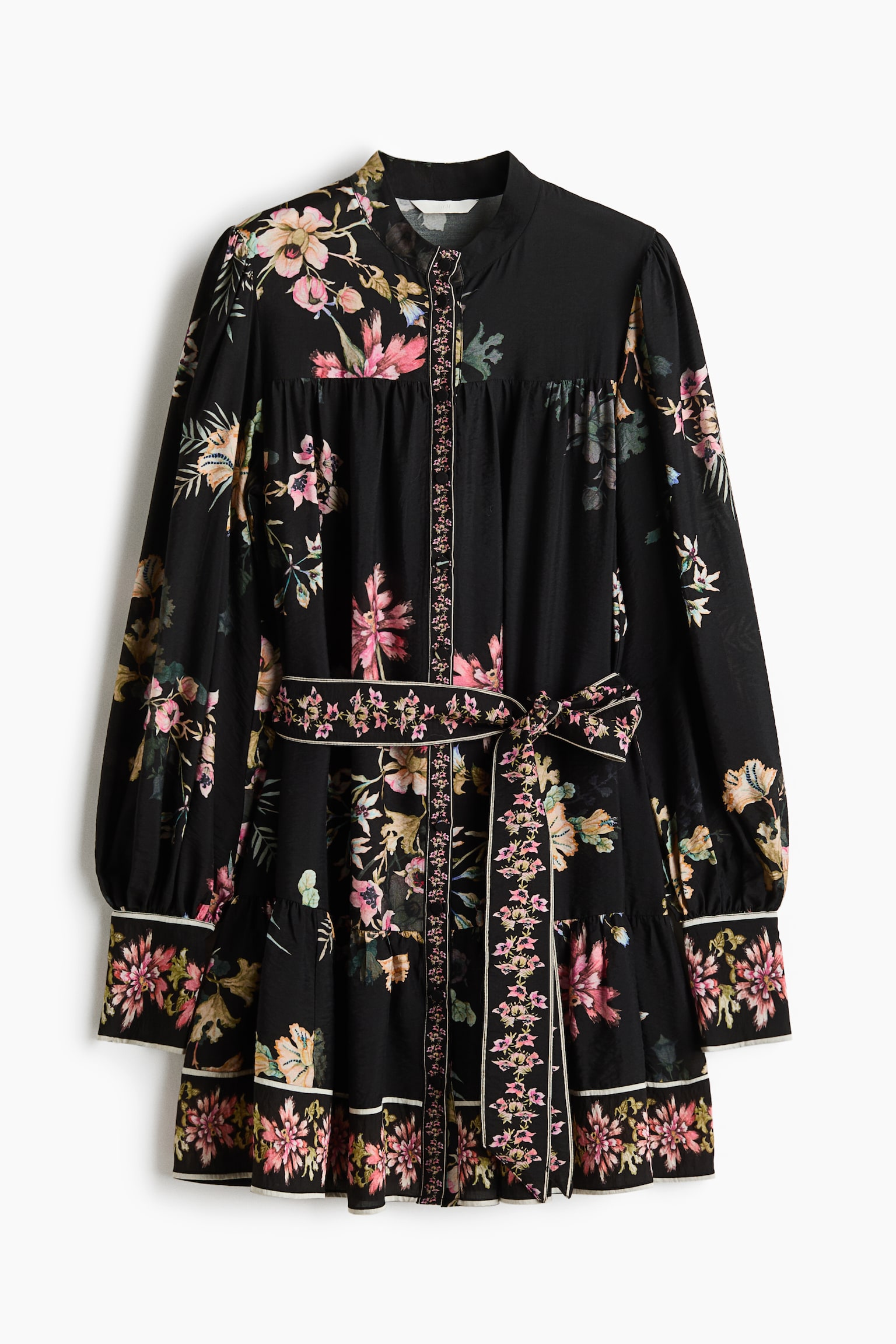 Tie-belt tunic dress - Black/Floral/Dark blue/Paisley pattern - 2