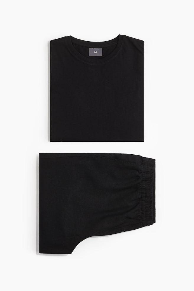 T-shirt et short de pyjama en lin mélangé - Noir - 1