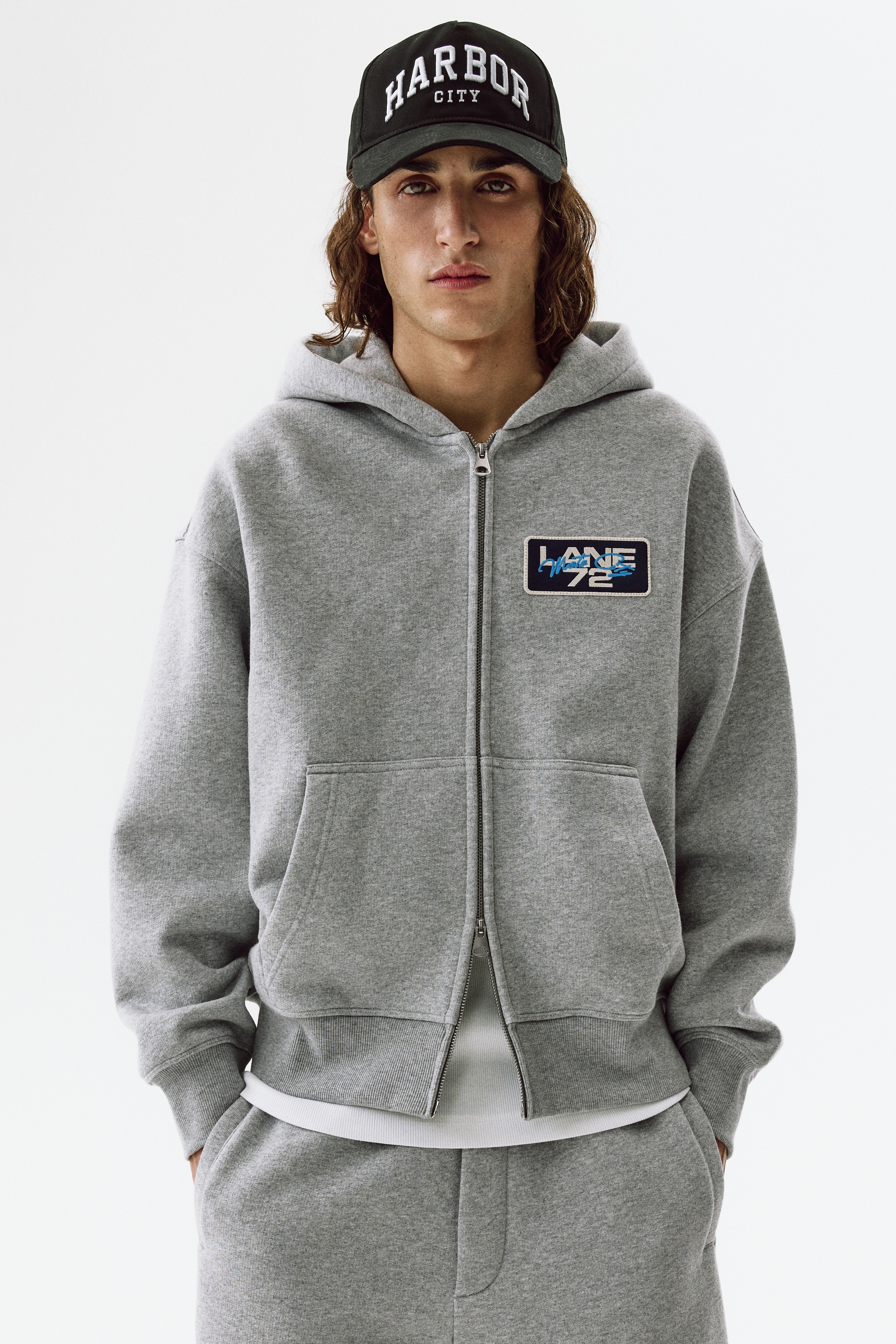 Men's Grey marl/Lane 72 Oversized Fit Zip-through hoodie | H&M GB