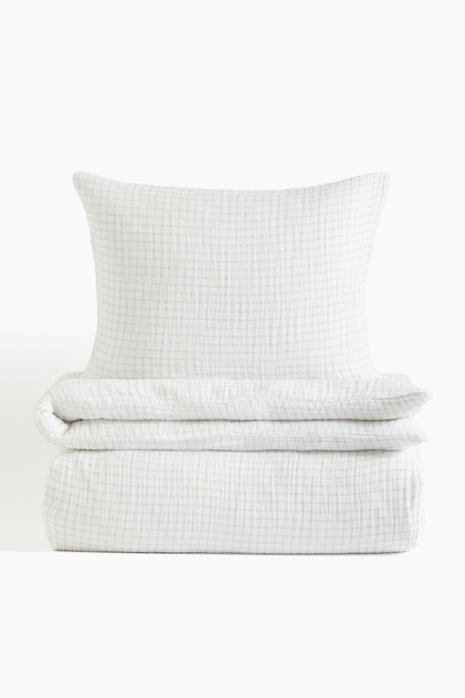 Muslin Twin Duvet Cover Set - White/light dusty blue checked - 1