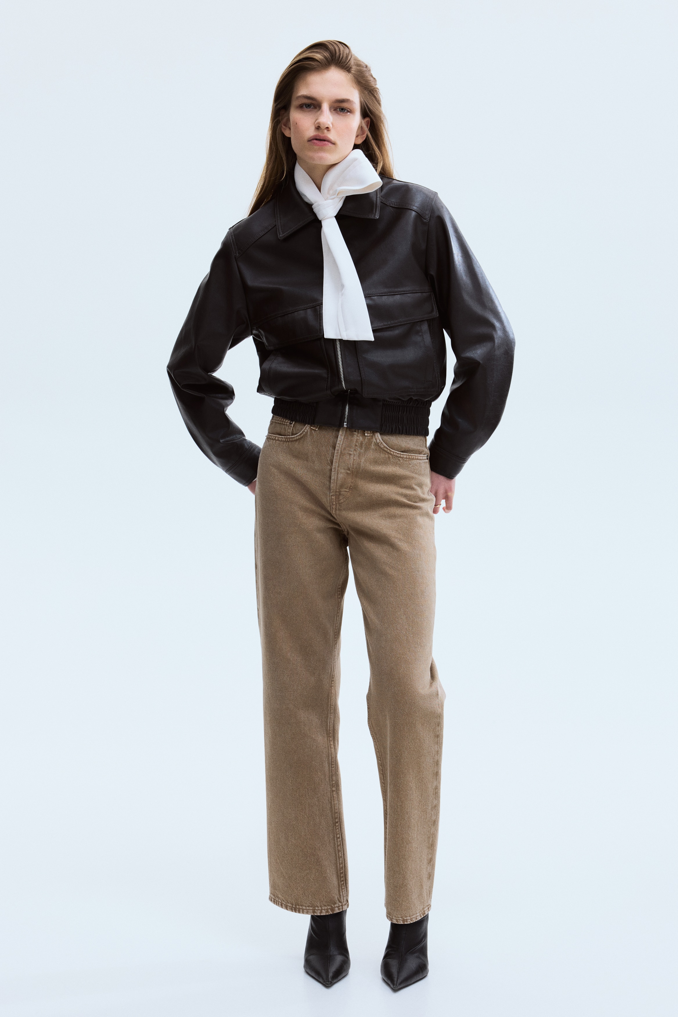 Straight High Waist Ankle Jeans - Beige/Denim blue