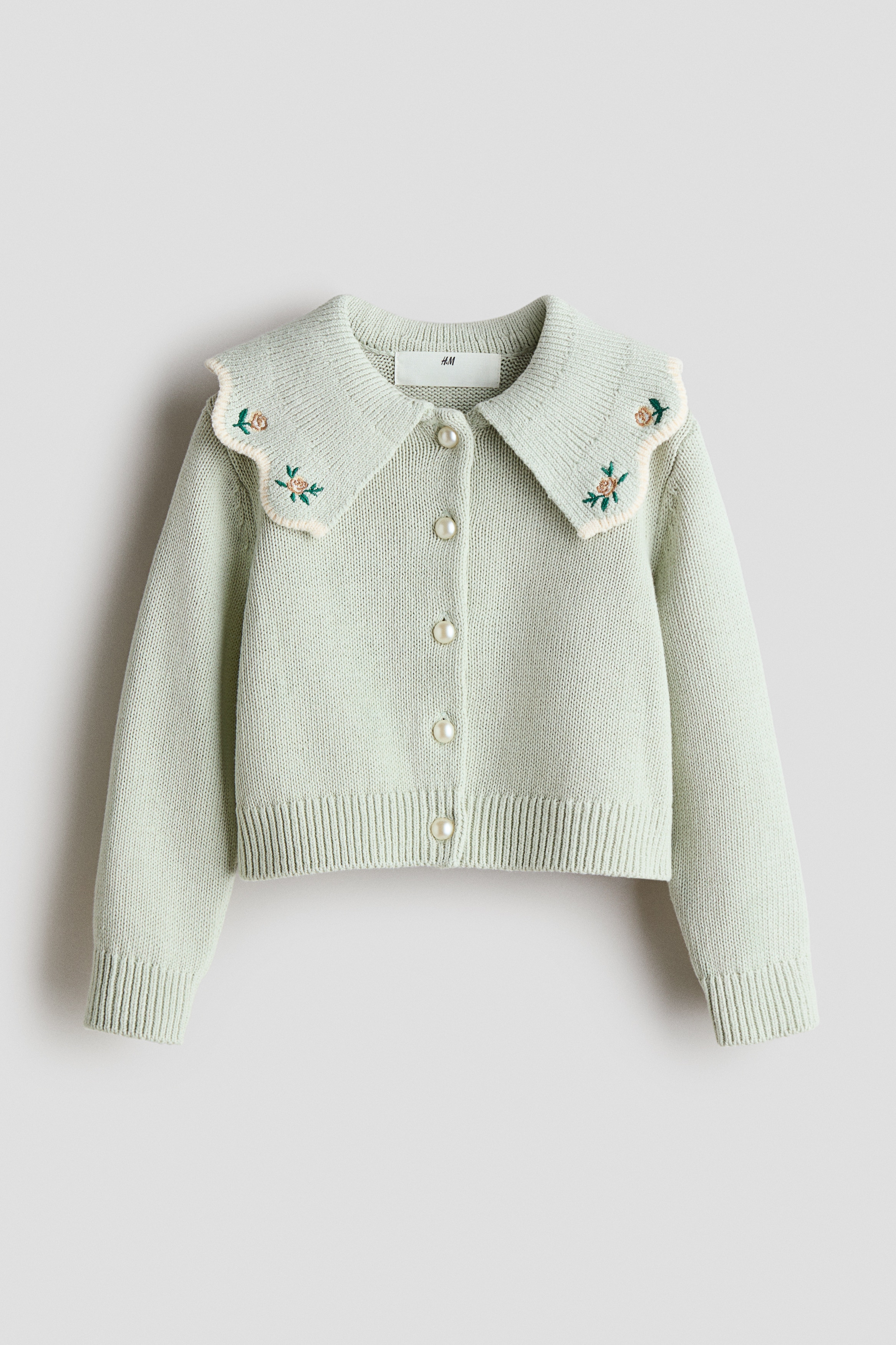 襟付きカーディガン - ライトセージグリーン/クリーム