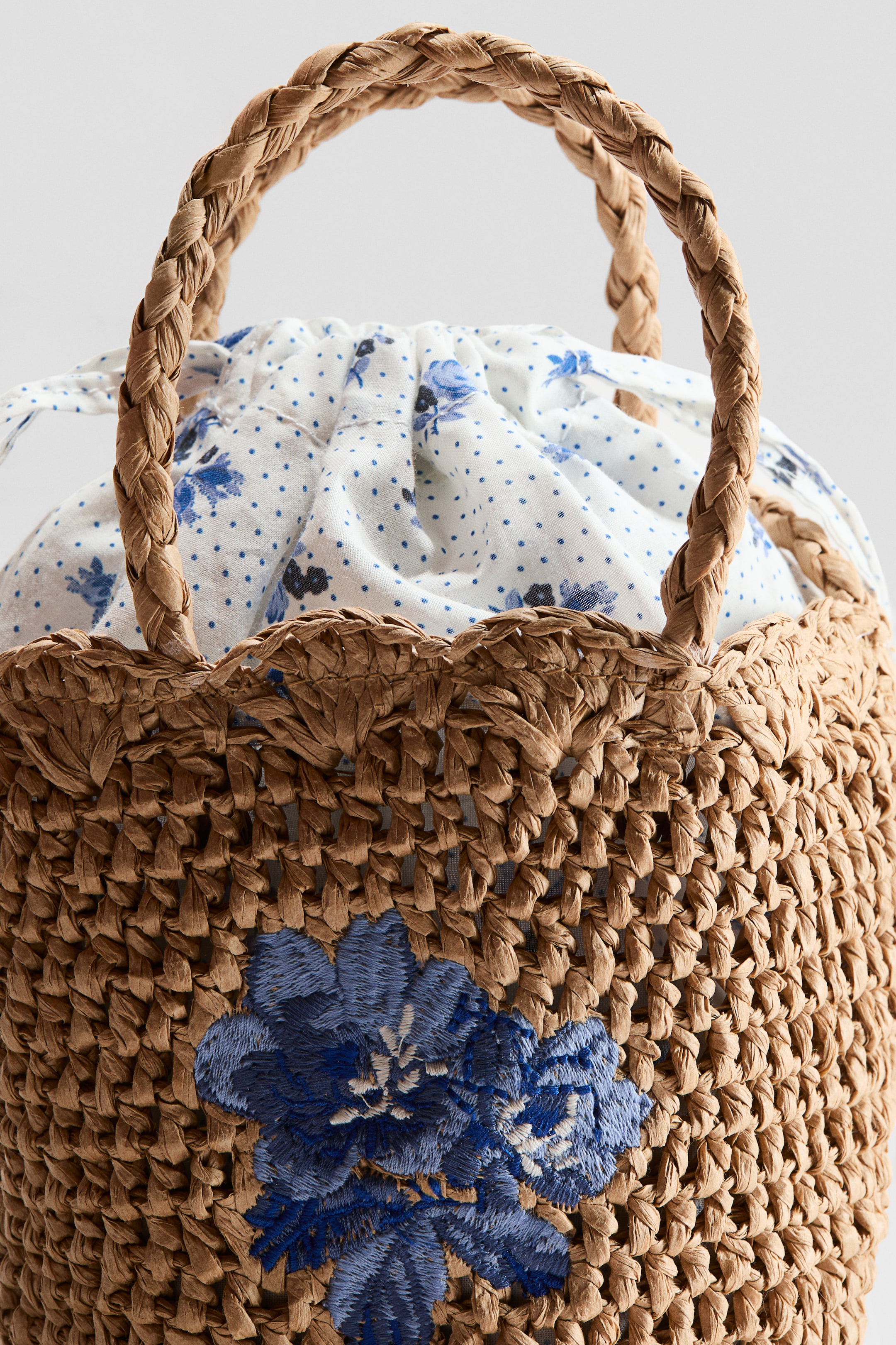 Embroidered-Detail Straw Bucket Bag