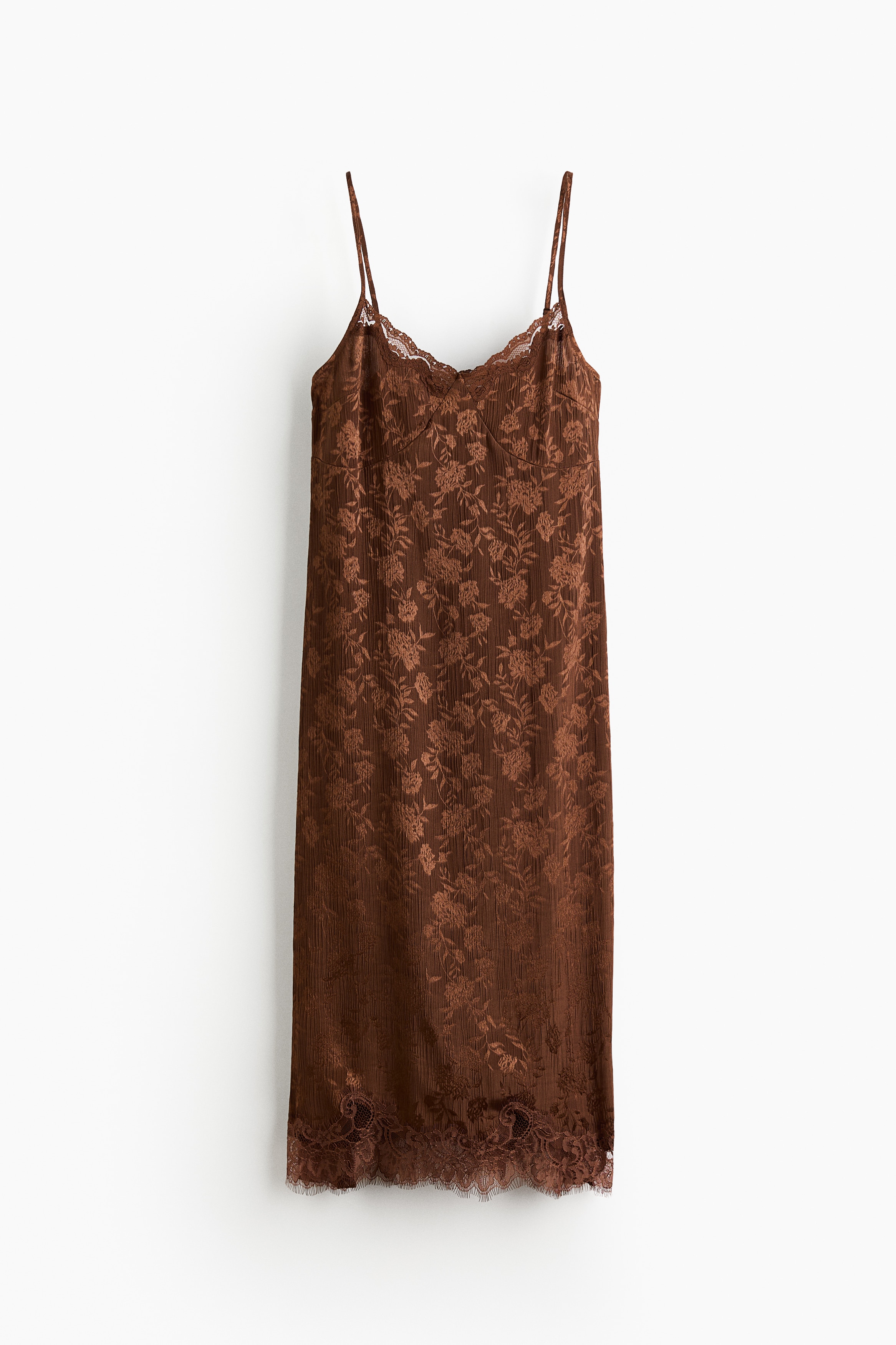 Vestido brocado con ribetes de encaje - Marrón oscuro