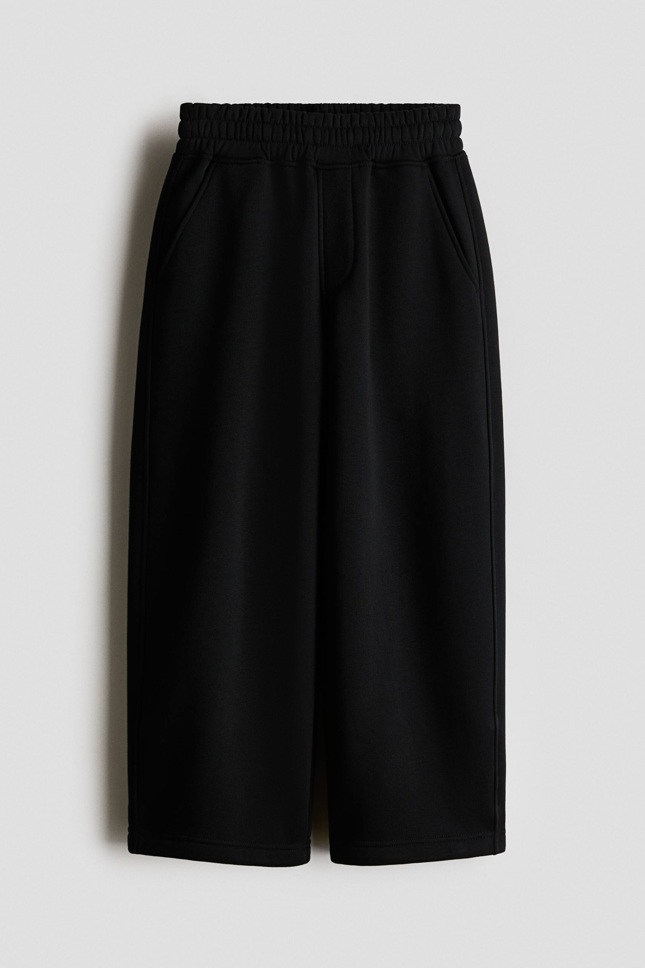 View larger image: A pair of black wide-leg cropped sweatpants is hanging facing the front, featuring a thick, gathered elastic waistband, slanted side pockets, and a mock fly detail. The pants are displaying a relaxed, loose fit with wide, straight-cut legs.