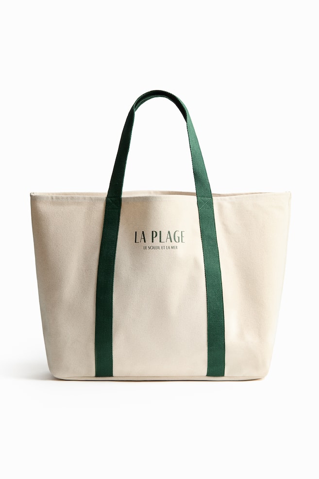 Canvas beach bag - Natural white/Dark green/Natural white/Black - 1