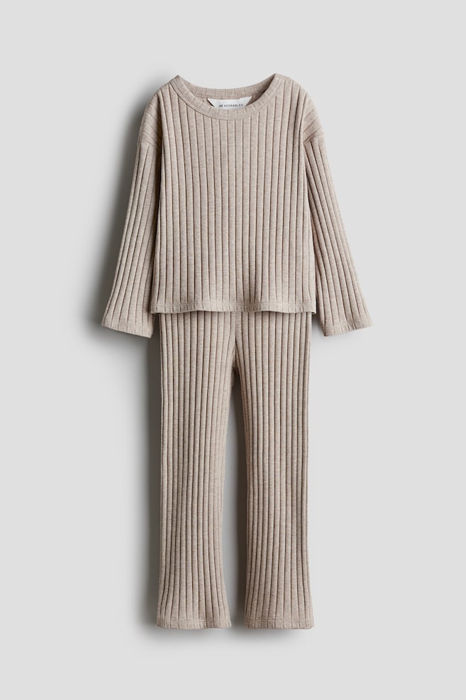 2-piece Ribbed Cotton Set - Beige/Black - 1
