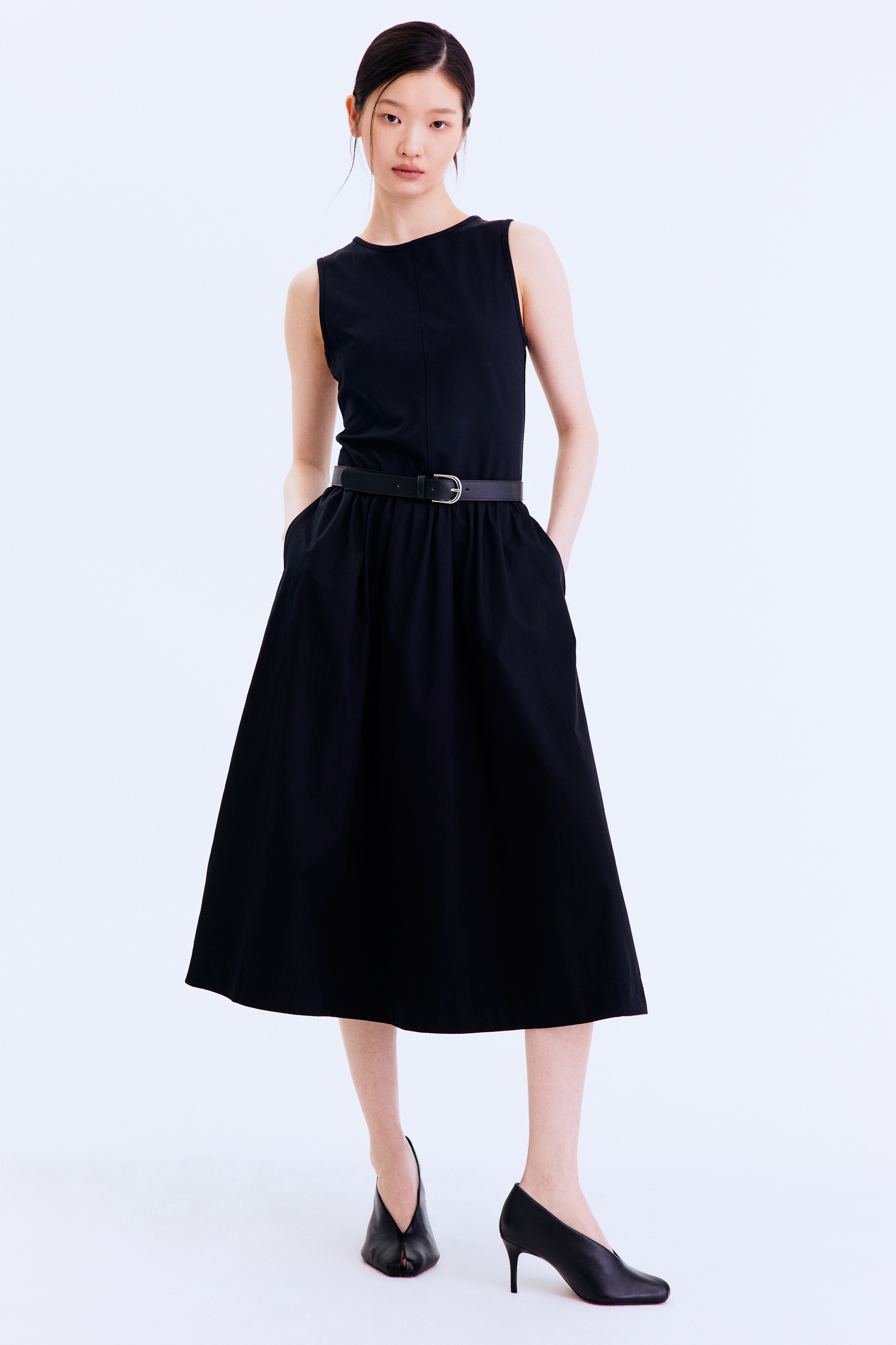 Sleeveless Cotton Dress - Black/Dusty blue/Khaki green