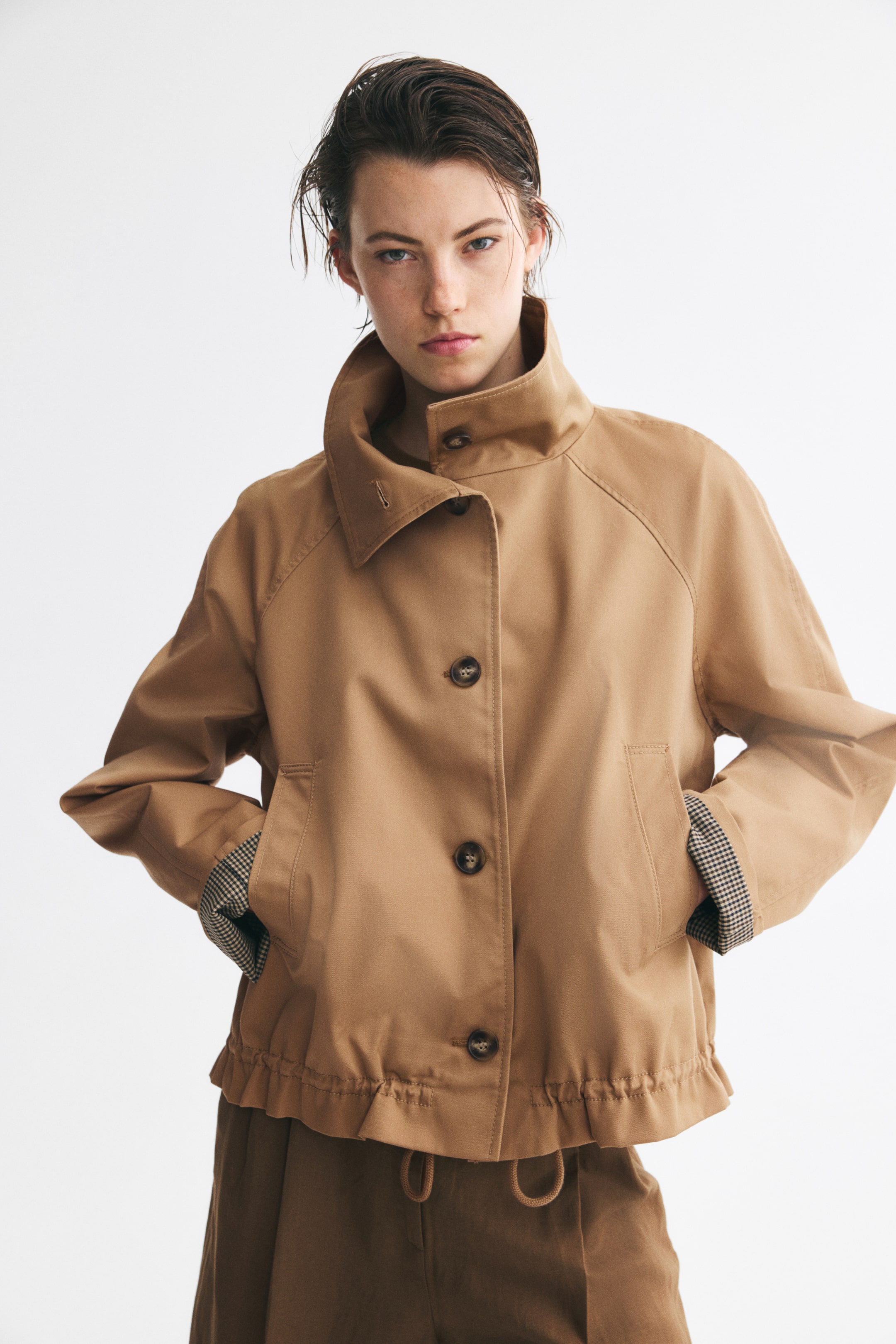 View larger image: Funnel-Collar Twill Jacket - Dark beige - Ladies | H&M CA 1