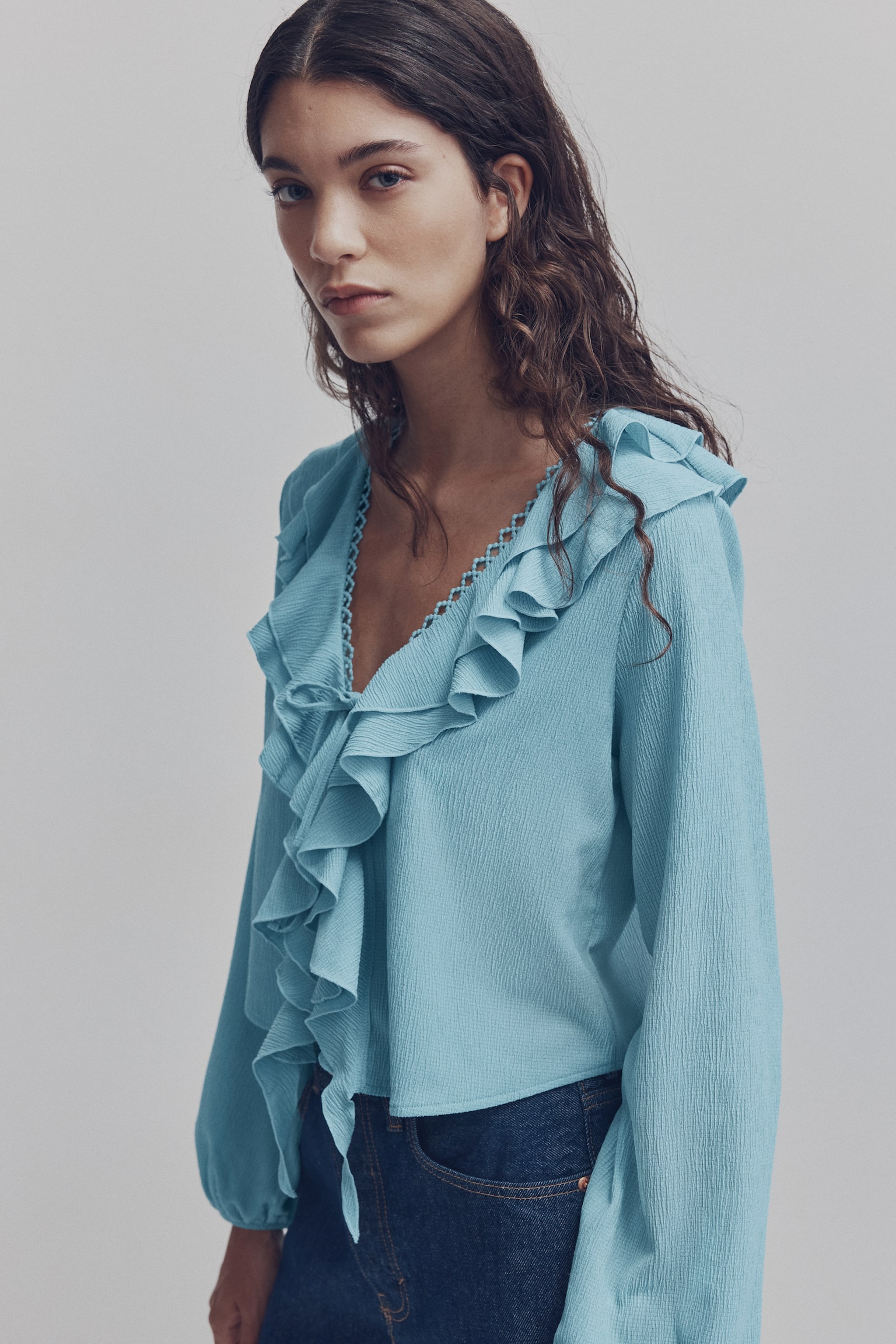 Flounce-trimmed blouse - Dusty turquoise/White/Floral/Black/Red - 1