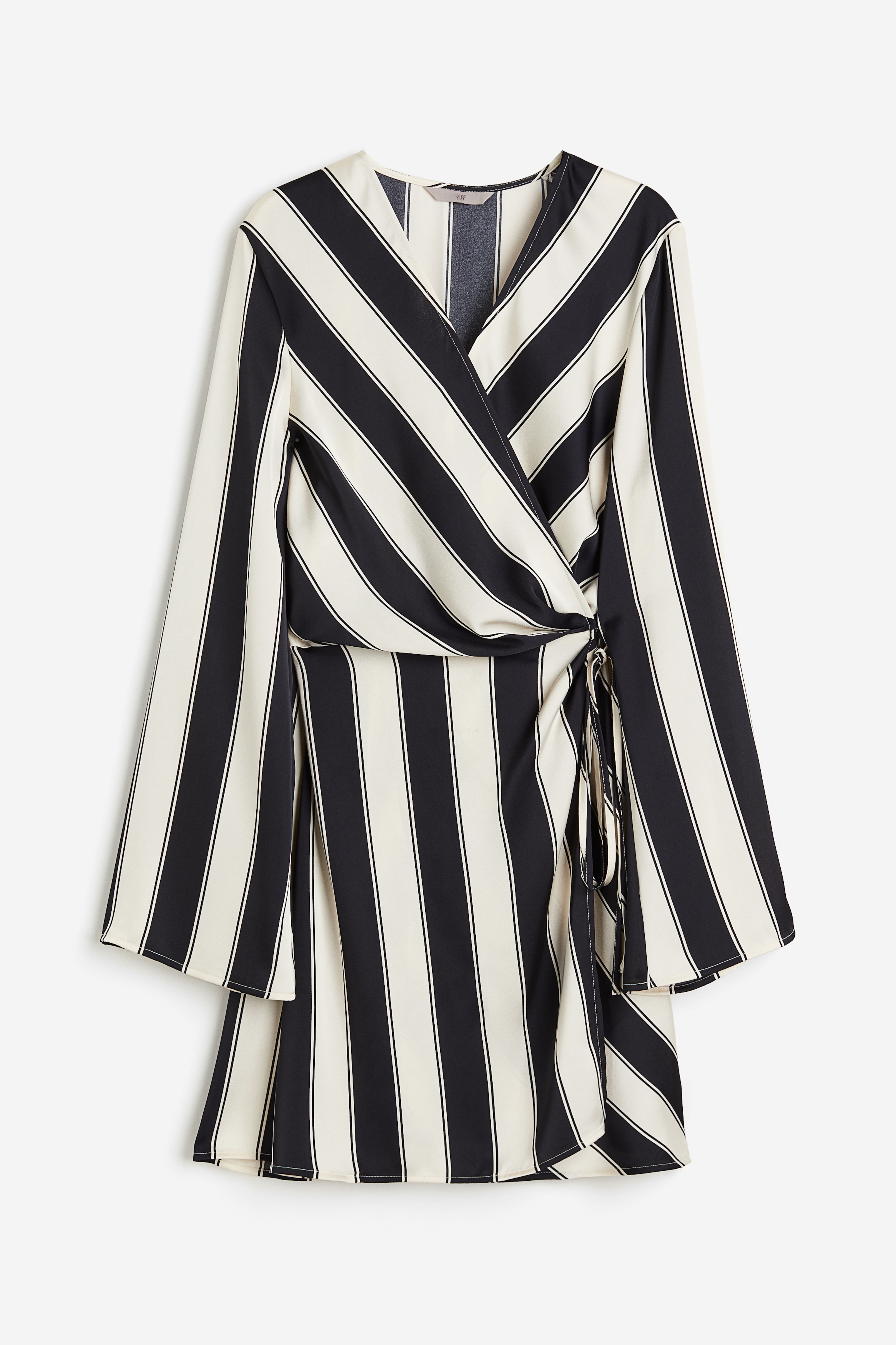 Satin Wrap Dress - V-neck - Long sleeve - Cream/black striped - Ladies |  H&M US